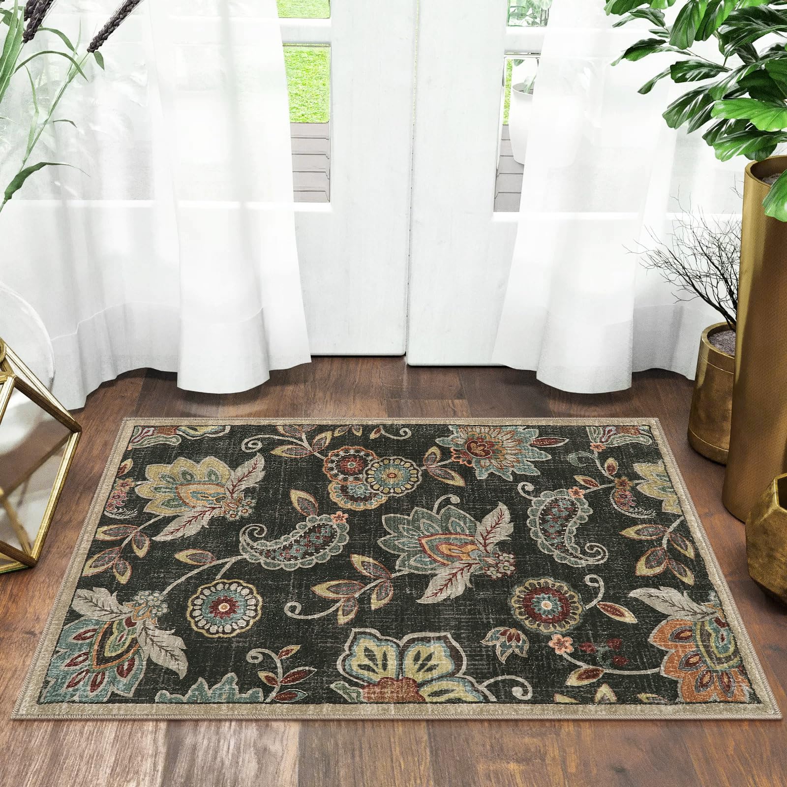 Morebes Floral Door Rugs for Entryway Indoor, Small 2x3 Throw Rug Non Slip,Washable Paisley Rugs for Kitchen Floor,Non Shedding Throw Carpet for