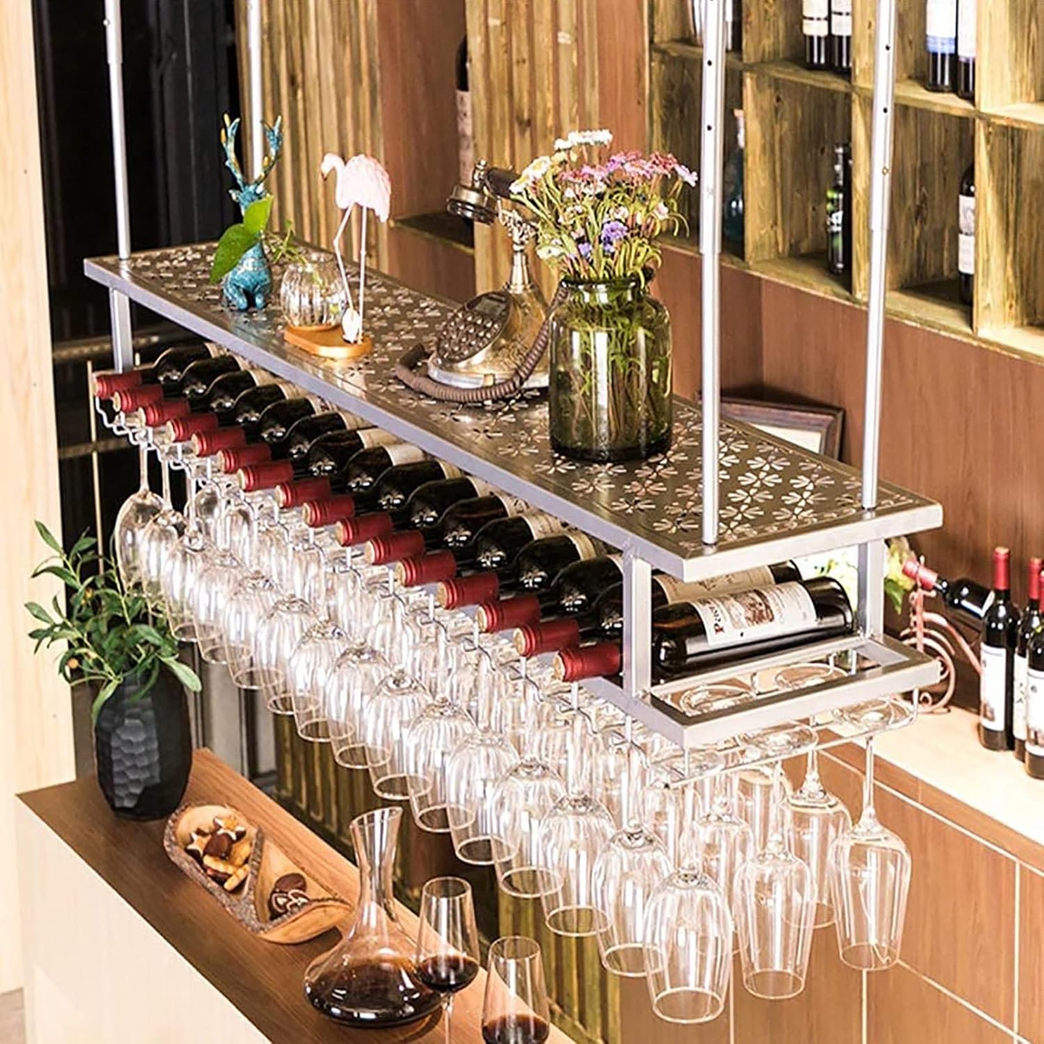 Ceiling Wine Glass Rack Ceiling Metal Wine Rack,Height Adjustable,2-Layer Industrial Iron Shelf,Stemware Holder,Restaurants/Bars/Home Decorative Rack