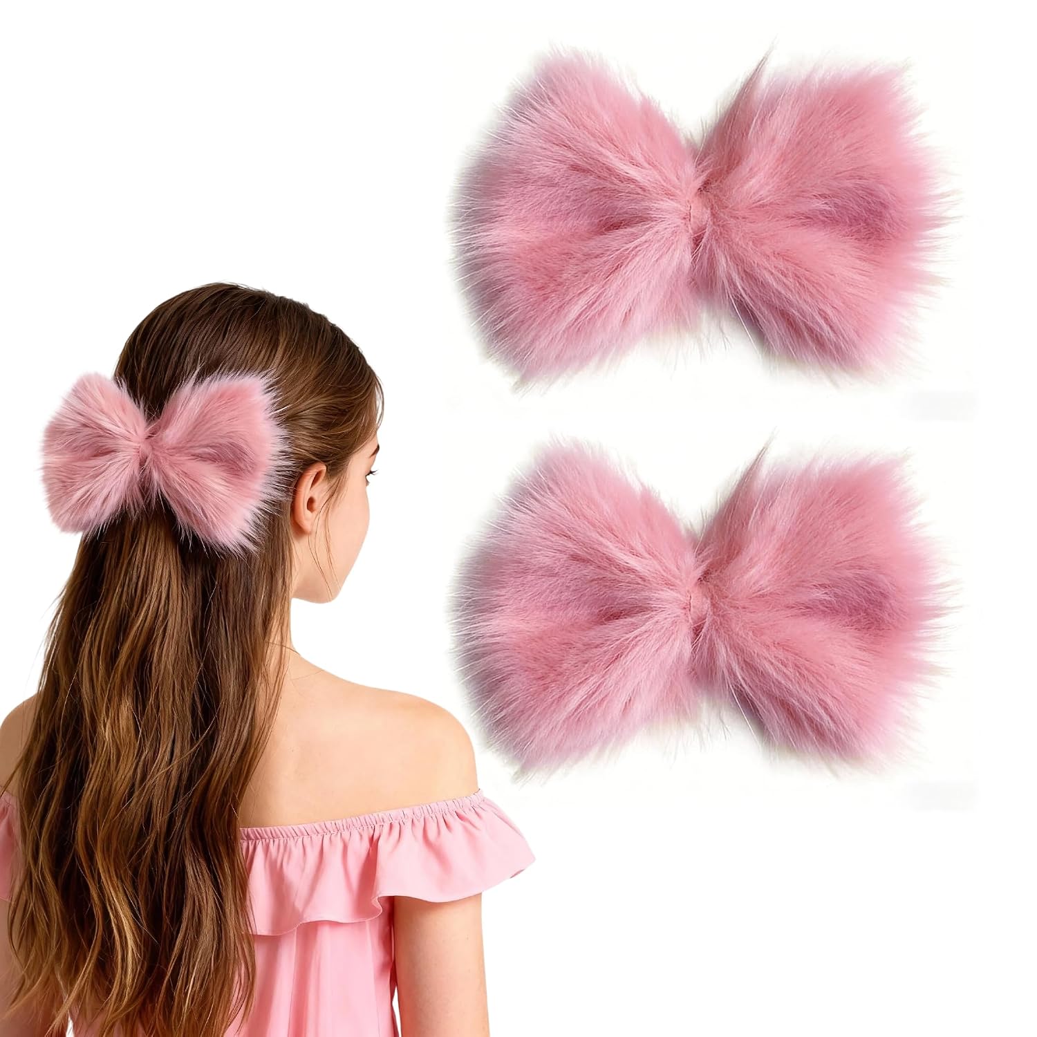 Hair Bows For Women, Pink Bow Hair Clips For Girls, 4 Pack Colorful Large Fuzzy Cute Alligator Clips Hair Accessories For Birthday Gifts, Lovely Barrettes for Children Kids Adults