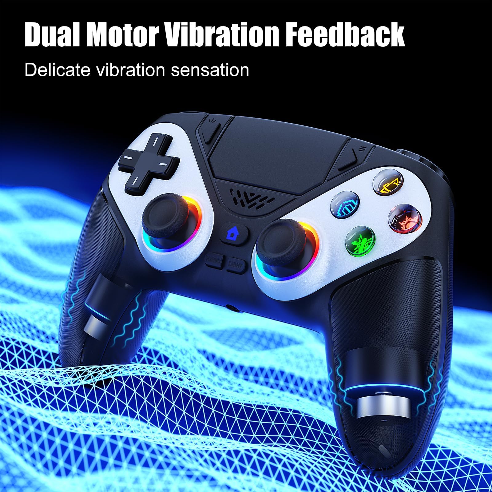 Dinosoo Manette sans fil RGB pour PS5/Pro/Slim/PC, avec palettes arrière, mode Turbo, macro, pavé tactile, suivi de mouvement 6 axes, double vibration et prise audio 3,5 mm