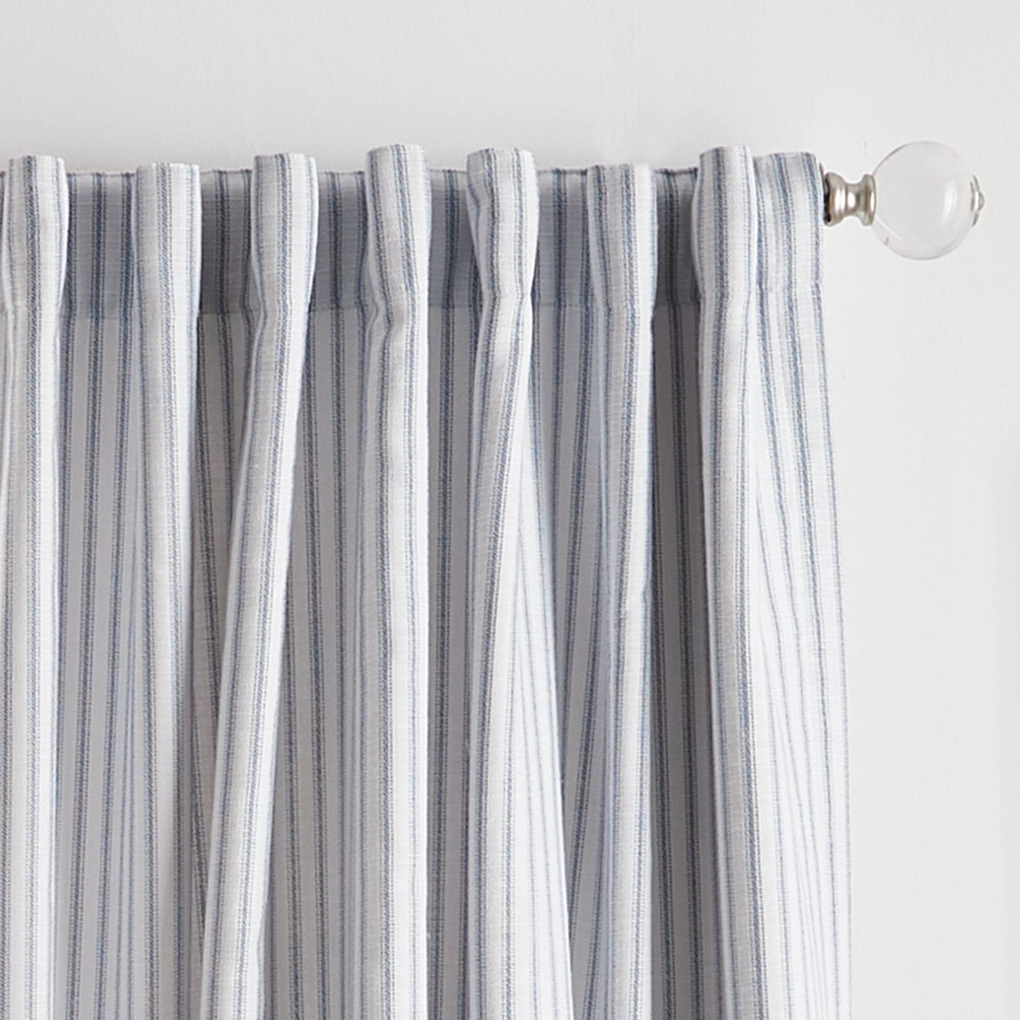 Martha Stewart Ticking Stripe Blackout Lining Rod Pocket/Back Tab Window Curtain Panel Pair, 84", White/Indigo - Image 2