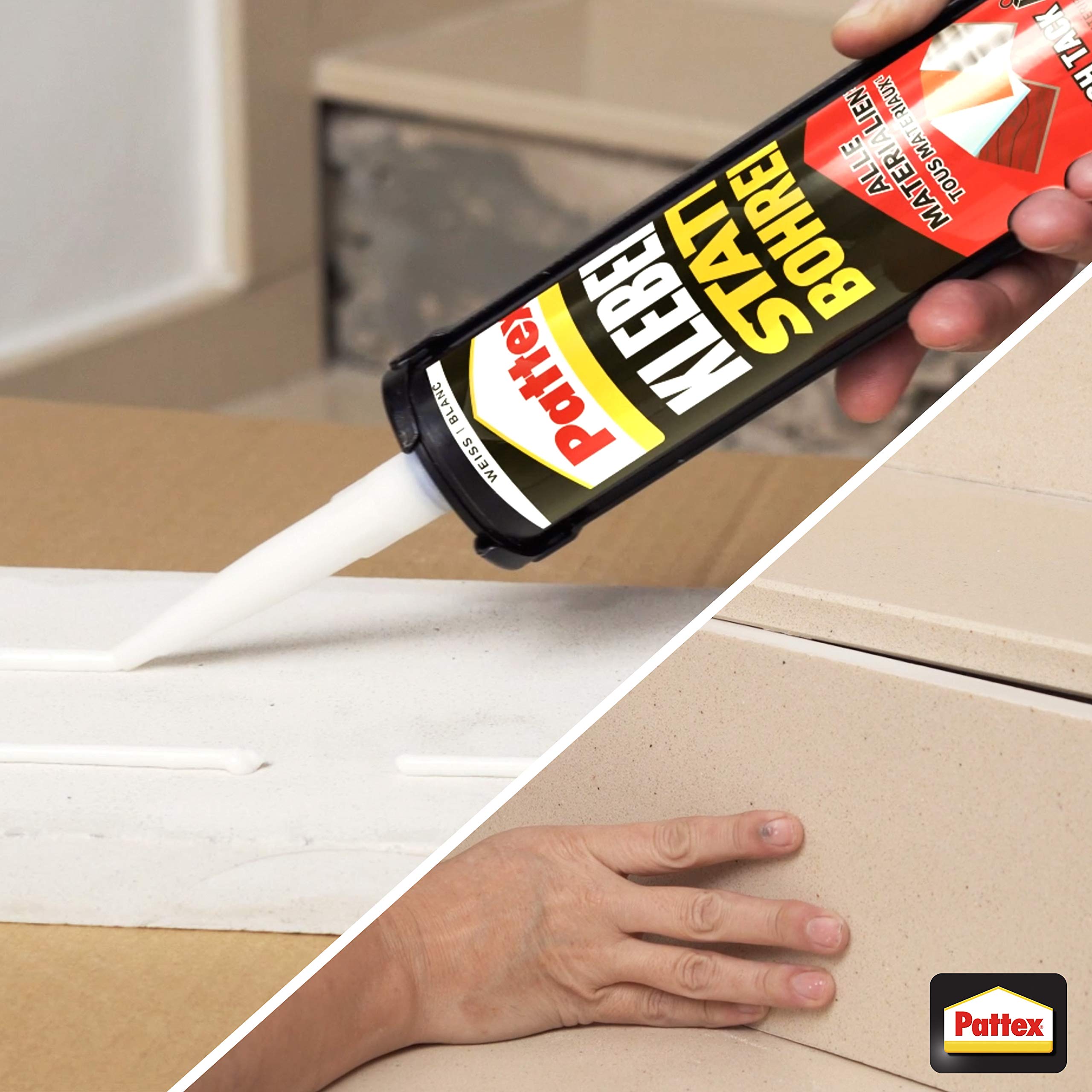 Pattex Colle au lieu de percer High Tack, colle de montage et colle de construction à haute adhérence initiale, colle forte pour presque toutes les surfaces, colle polyvalente flexible, cartouche de