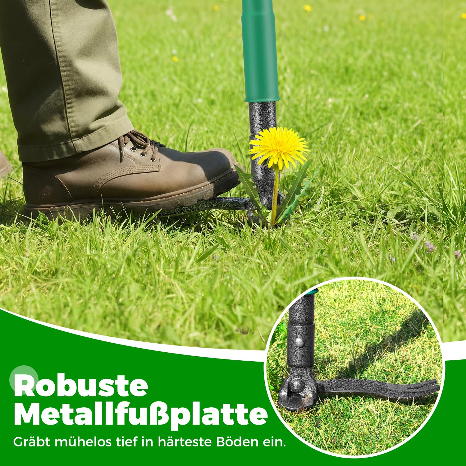 Unkrautstecher mit 2 Auswurffunktionen, 111cm Stiel Unkraut Entferner Gerät, Robuster Garten Löwenzahnstecher, Echtem Bambusgriff, 4 Metallkrallen und Antihaft-Fußpedal