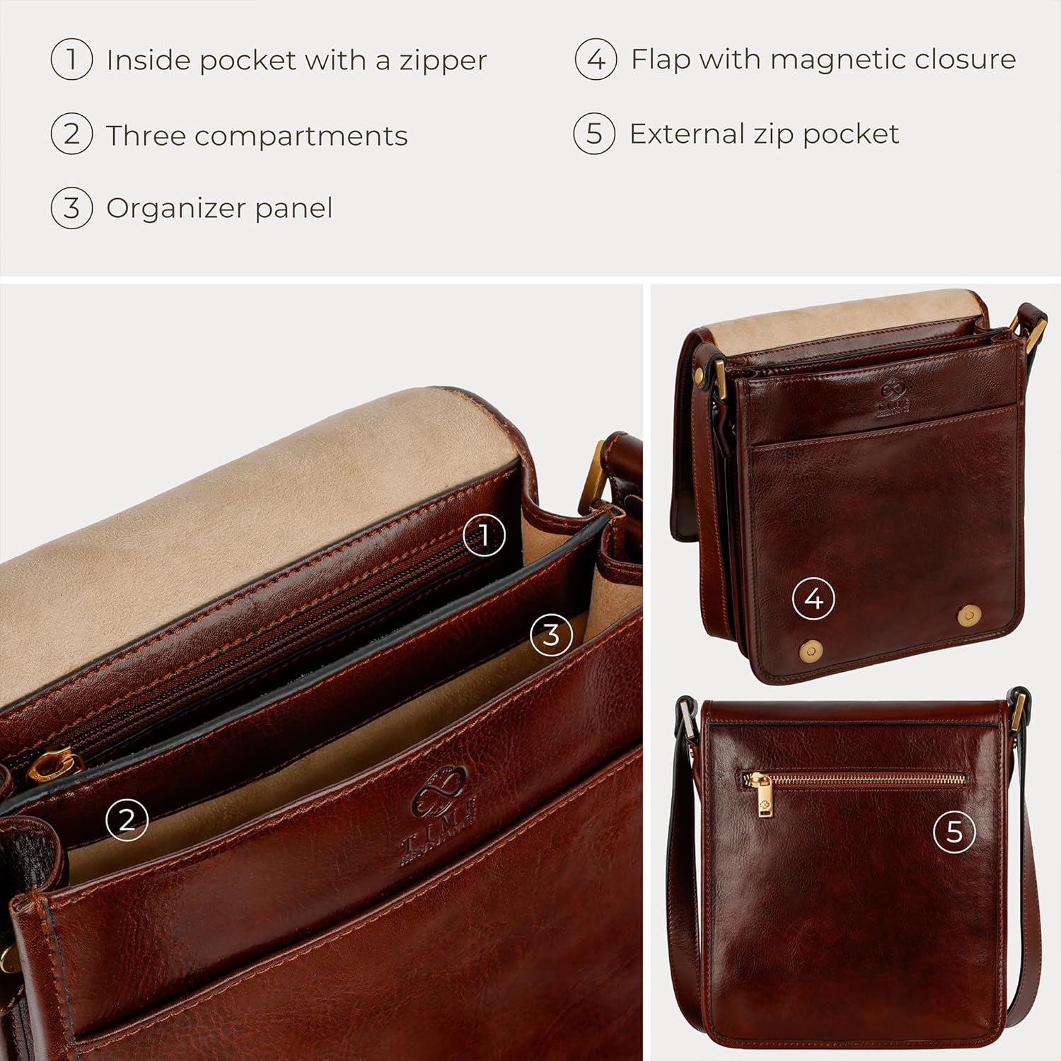 Time Resistance Italian Leather Messenger Bag for Men - Full Grain Leather Men's Crossbody Bag - Tablet Sized Shoulder Bag - Image 6