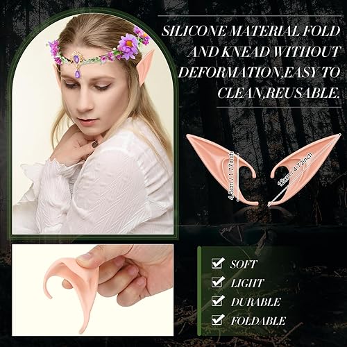 Miniatura 5 de Juego de 6 orejas de elfo y corona de hadas, orejas de hada de látex, hojas de hada, diamantes de imitación, diadema de flores de elfo, diadema de