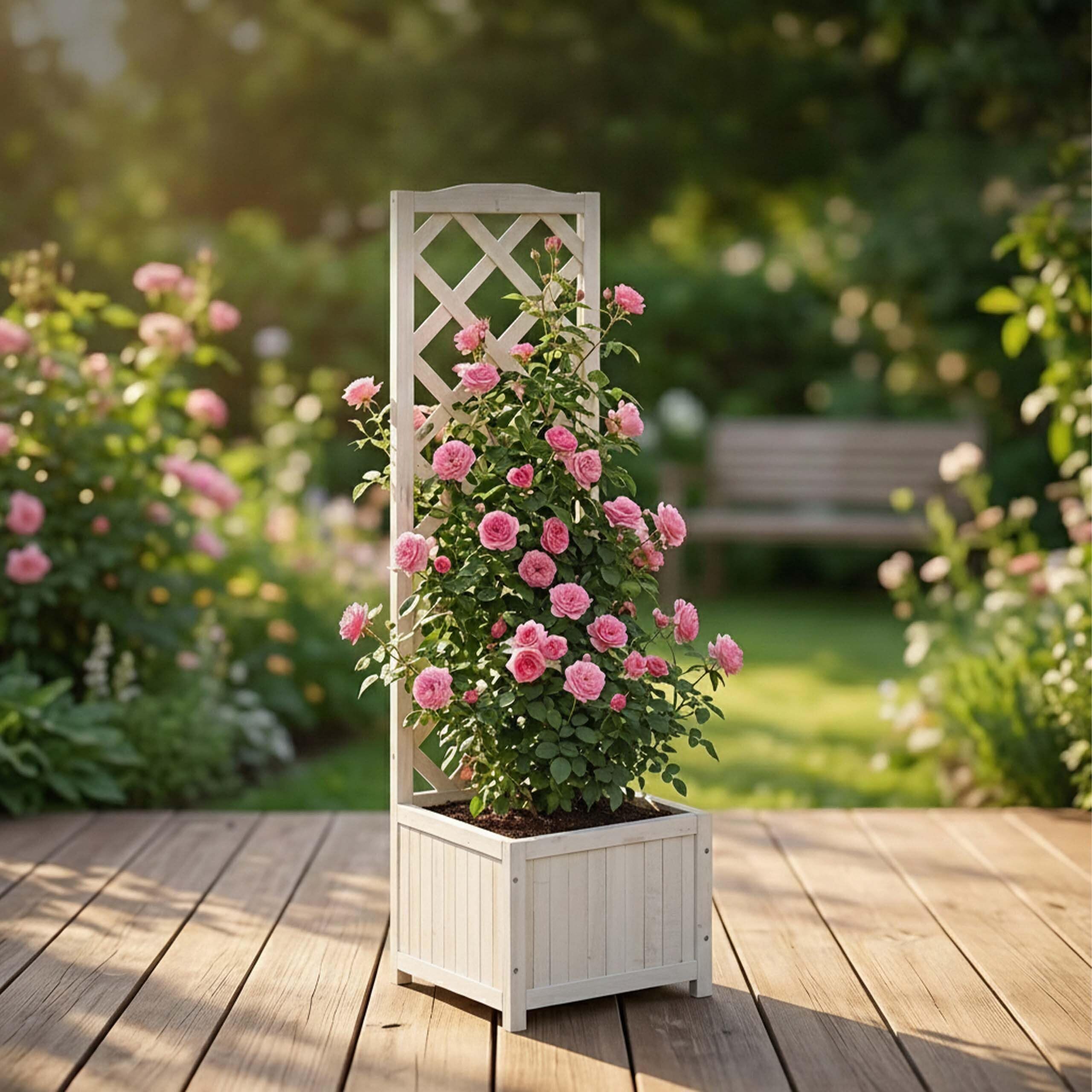 Relaxdays Fioriera con Spalliera, Impermeabile, in Legno, per Balcone, Giardino, Rose, Portavasi 20 l, 90 cm, Bianco