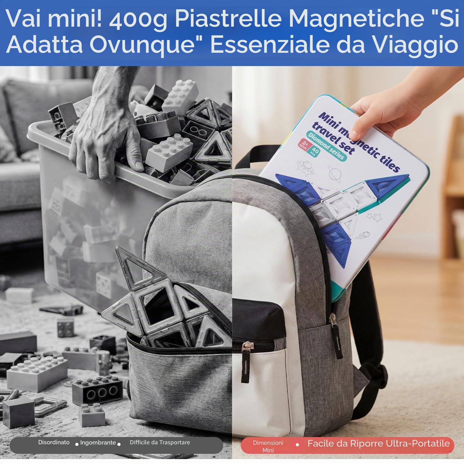 Mattoncini magnetici da viaggio a partire dai 3 anni, 40 pezzi di mattoncini magnetici Montessori, giocattolo educativo con scatola di stagno portatile e piastra di gioco integrata, mattoncini