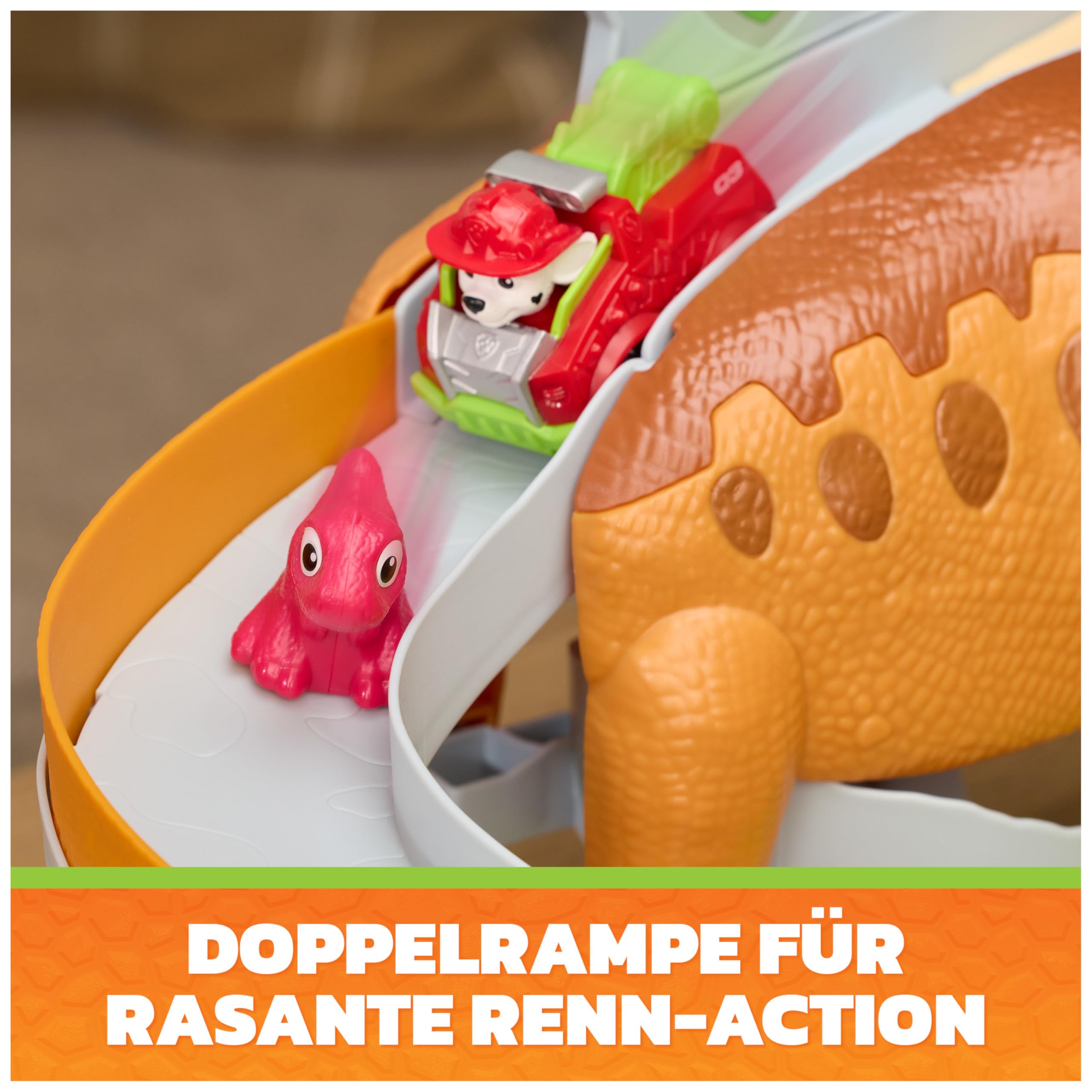 PAW PATROL: Der Dino Film, Pup Squad Lift & Race Dino Spielset mit Marshall Racer und Rhabarber-Figur, Spielzeug für Kinder ab 3 Jahren