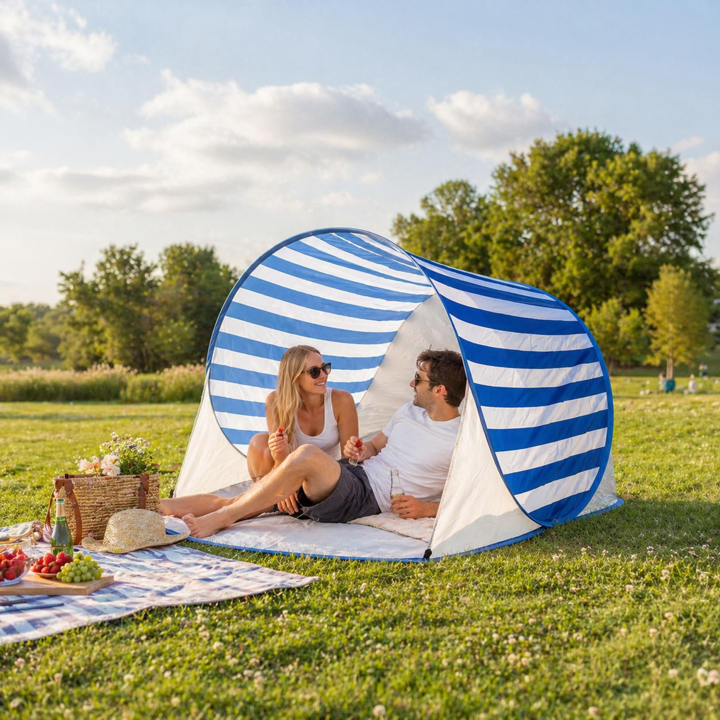 Tente de Plage Pop-up, tentes d'ombrage à Installation instantanée pour l'extérieur, abri Solaire de Plage Pliable et Portable pour l'été - Rayures Bleues, Tente