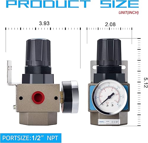 Miniatura 2 de NANPU Regulador de aire comprimido NPT de 12 ", calibre de dial protegido de acero de 150 psi y soporte de metal, para compresor de aire y