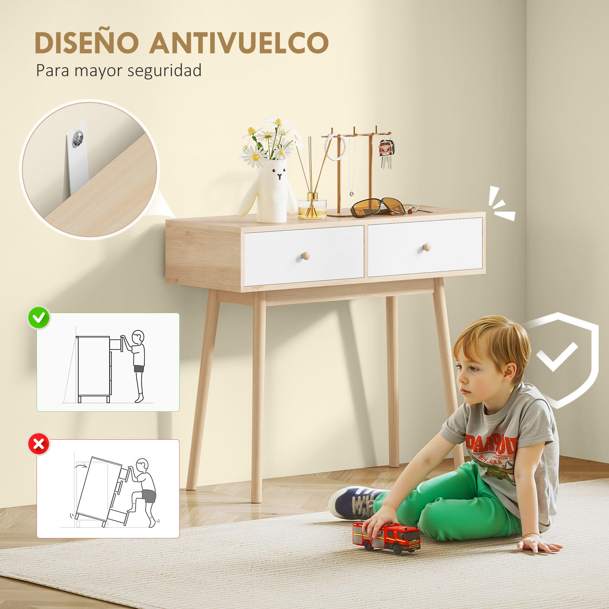 HOMCOM Mesa de Consola Estrecha Consola de Recibidor Mesa de Sofá con 2 Cajones Estilo Moderna para Pasillo Entrada Salón Dormitorio Roble
