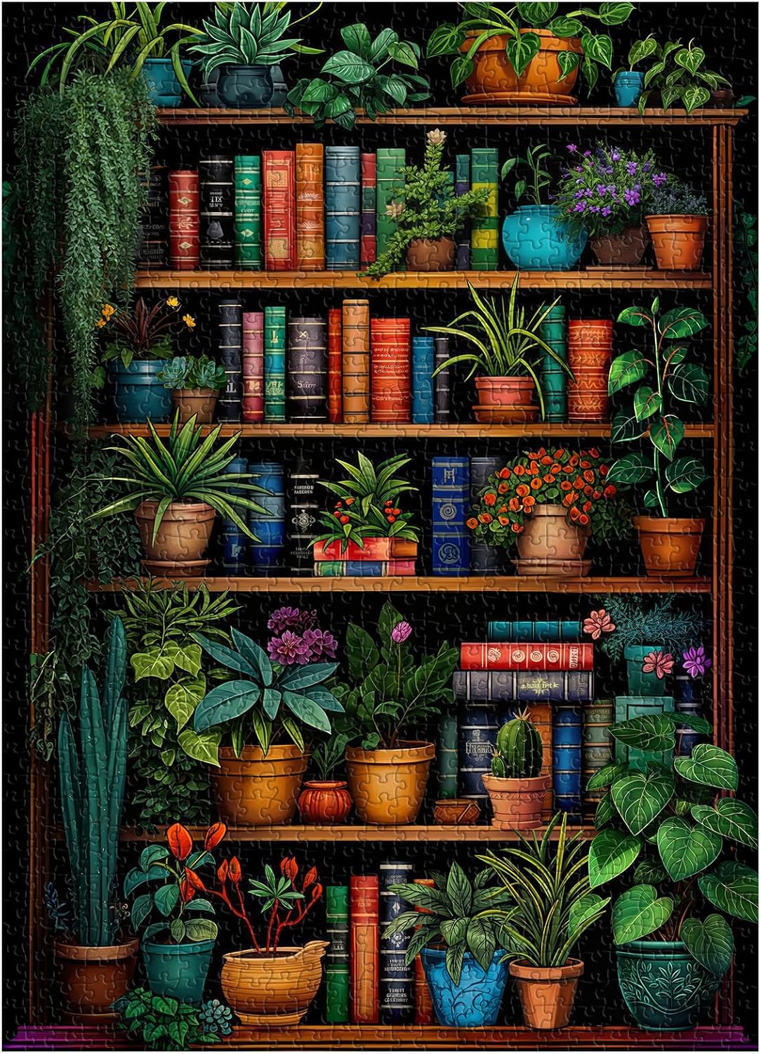 Vintage Bookshelf Puzzle for Adults 1000 Pieces, Book Houseplant Puzzle,Retro Bookshelf Botanical Puzzles Flower, Challenge Jigsaw Puzzles for Book Lover