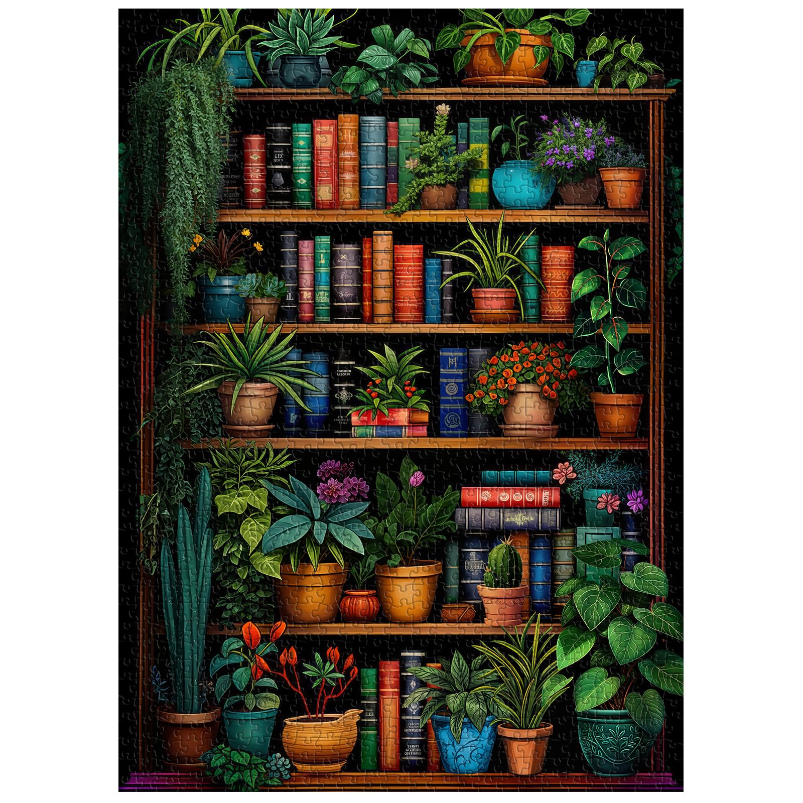 Vintage Bookshelf Puzzle for Adults 1000 Pieces, Book Houseplant Puzzle,Retro Bookshelf Botanical Puzzles Flower, Challenge Jigsaw Puzzles for Book Lover