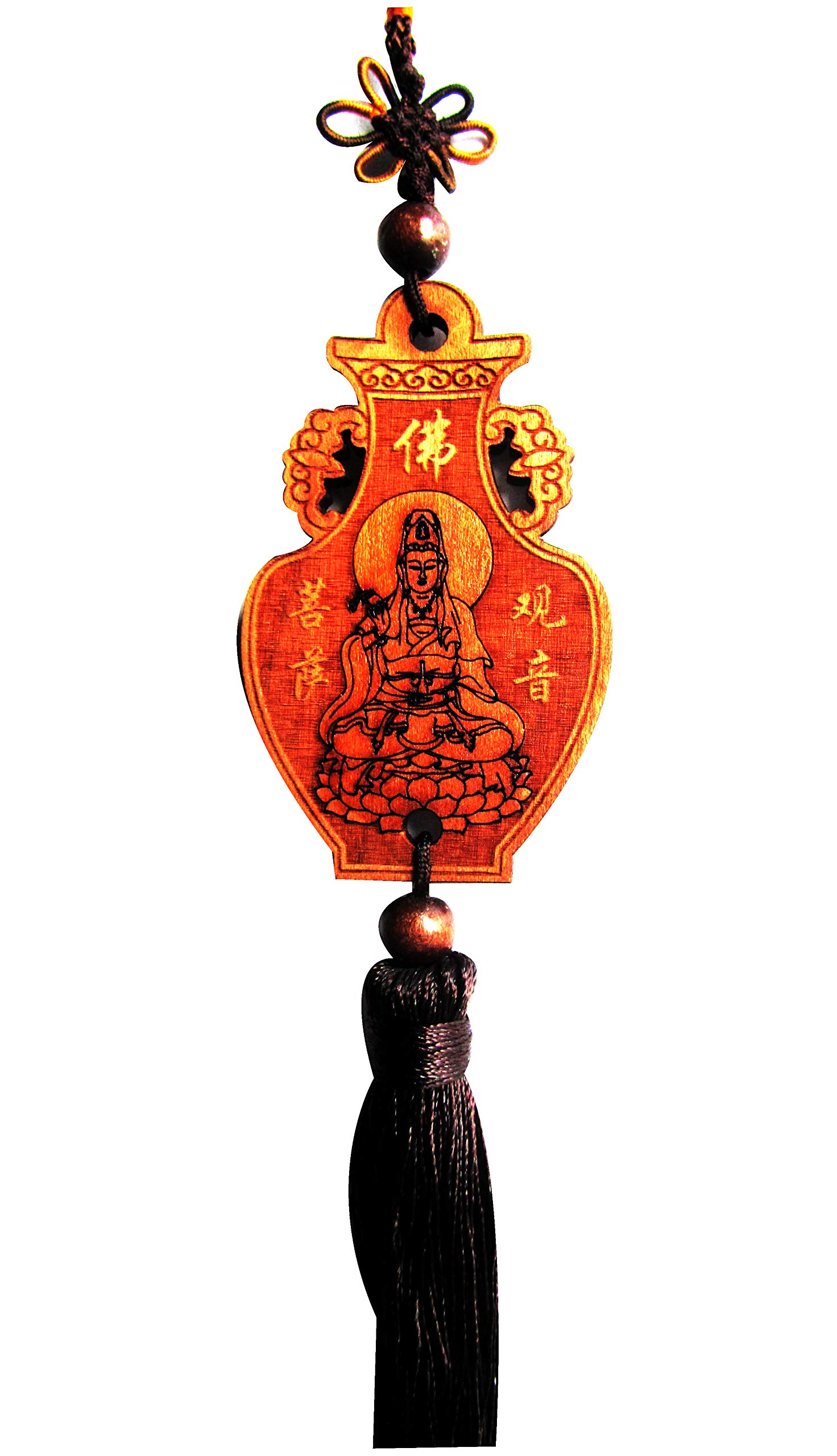 CHN Elements.home&kitchen Charm Wall Hanging Lucky Charm Peach Wood Carved With Kuan Yin-Goddess Of Mercy & Chinese Calligraphy On For Good Health Blessing -35cm-WCH15