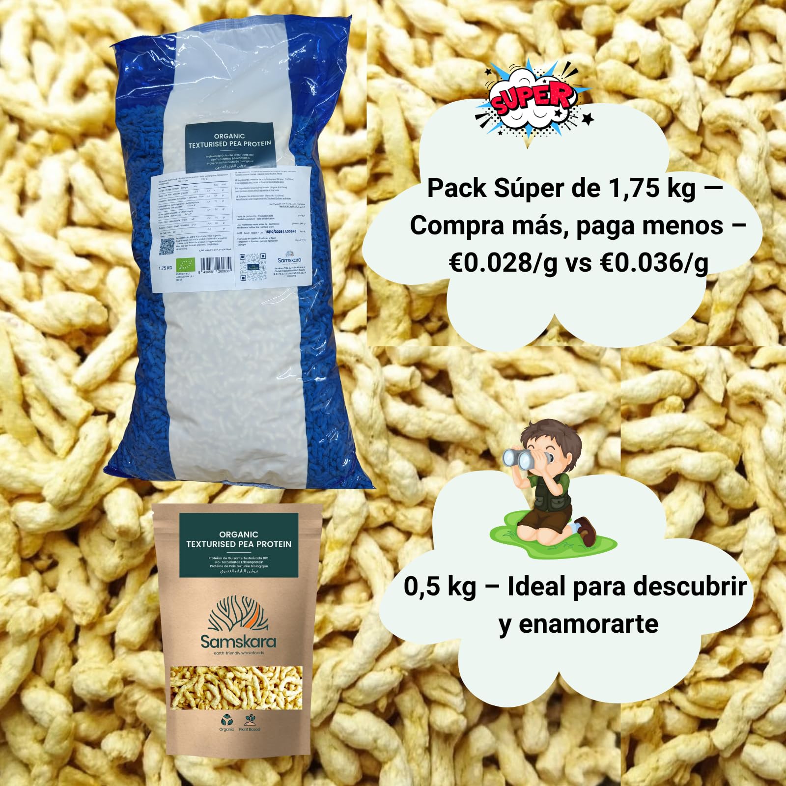 Proteína de Guisante Texturizada 1,75 kg | origen Dinamarca | 100% Natural ALTO contenido PROTEINA de planta | carne vegetal sin soja | Envasado en 2026 | Formato ahorro