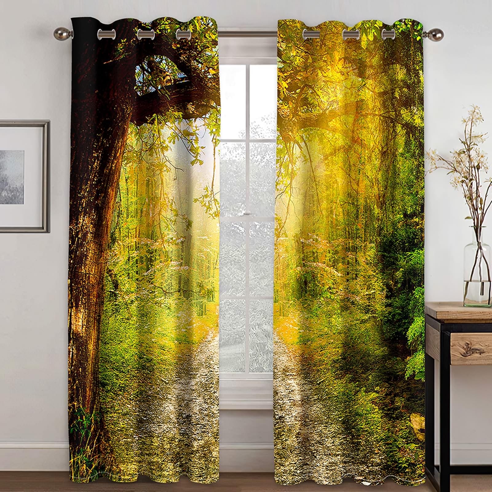Zasłony nieprzejrzyste, zestaw 2 sztuk, zasłony termiczne, leśna ścieżka, krajobraz, wys. 160 x szer. 102 cm, zaciemniające, do salonu