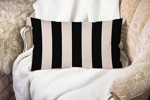 Miniatura 2 de Smooffly Funda de almohada de lino y algodón con rayas negras, para sofá, decoración del hogar, rectangular, 12 x 20 pulgadas