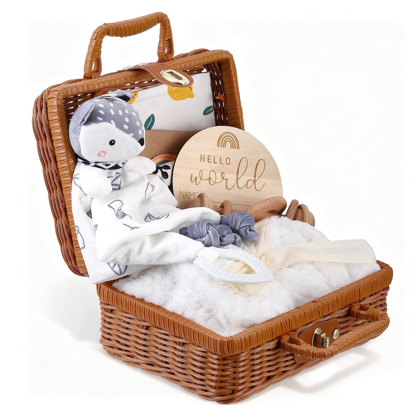 Vehoukli Windeltorte Baby Geschenkset Neutral - 8-teiliges Premium Neugeborenen Set mit Fuchs Beruhigungstuch & Holz Rassel - Geburtsgeschenk in Bambus Box für Jungen Mädchen Baby Party