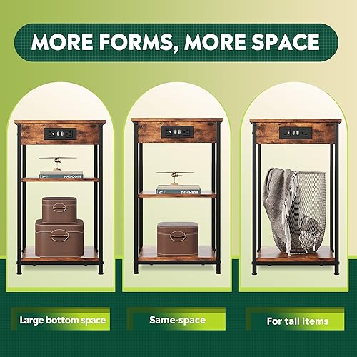 Miniatura 5 de WLIVE Mesa auxiliar con estación de carga, mesita de noche pequeña con 3 estantes de almacenamiento, mesas auxiliares para espacios pequeños,