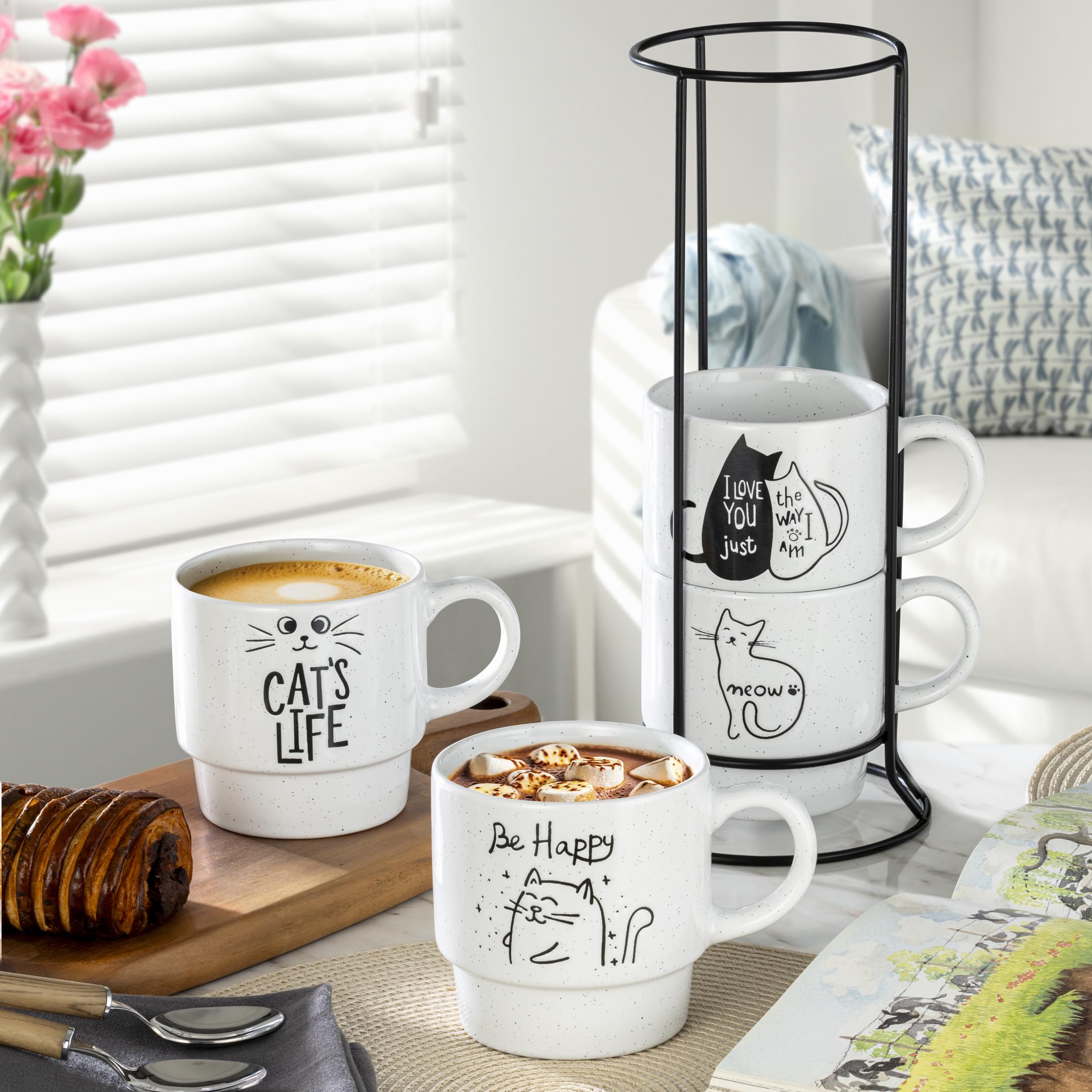 Amazon.com: Signature Housewares Stackable Coffee Mug Tower Set with Metal  Wire Rack - 15 Ounce Coffee Mugs for Coffee, Tea, Cocoa, Milk, Cappuccino,  Hot Chocolate Set of 4 - Cat's Life : Home & Kitchen