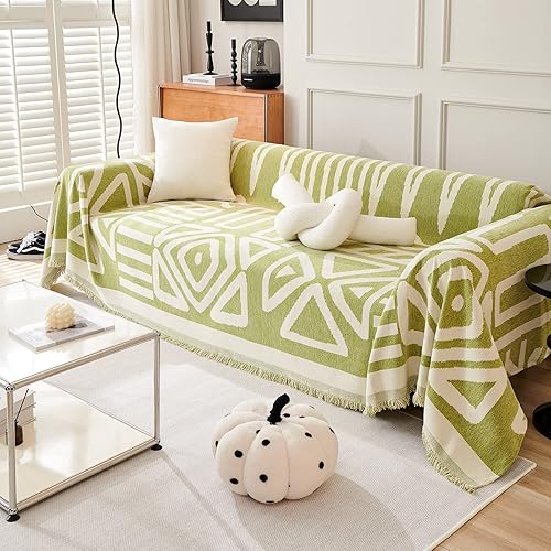 DREAMINGO Protector de sofá para mascotas, funda de sofá geométrica bohemia para sofá de 2 plazas, funda reversible verde para sofá biplaza verde,