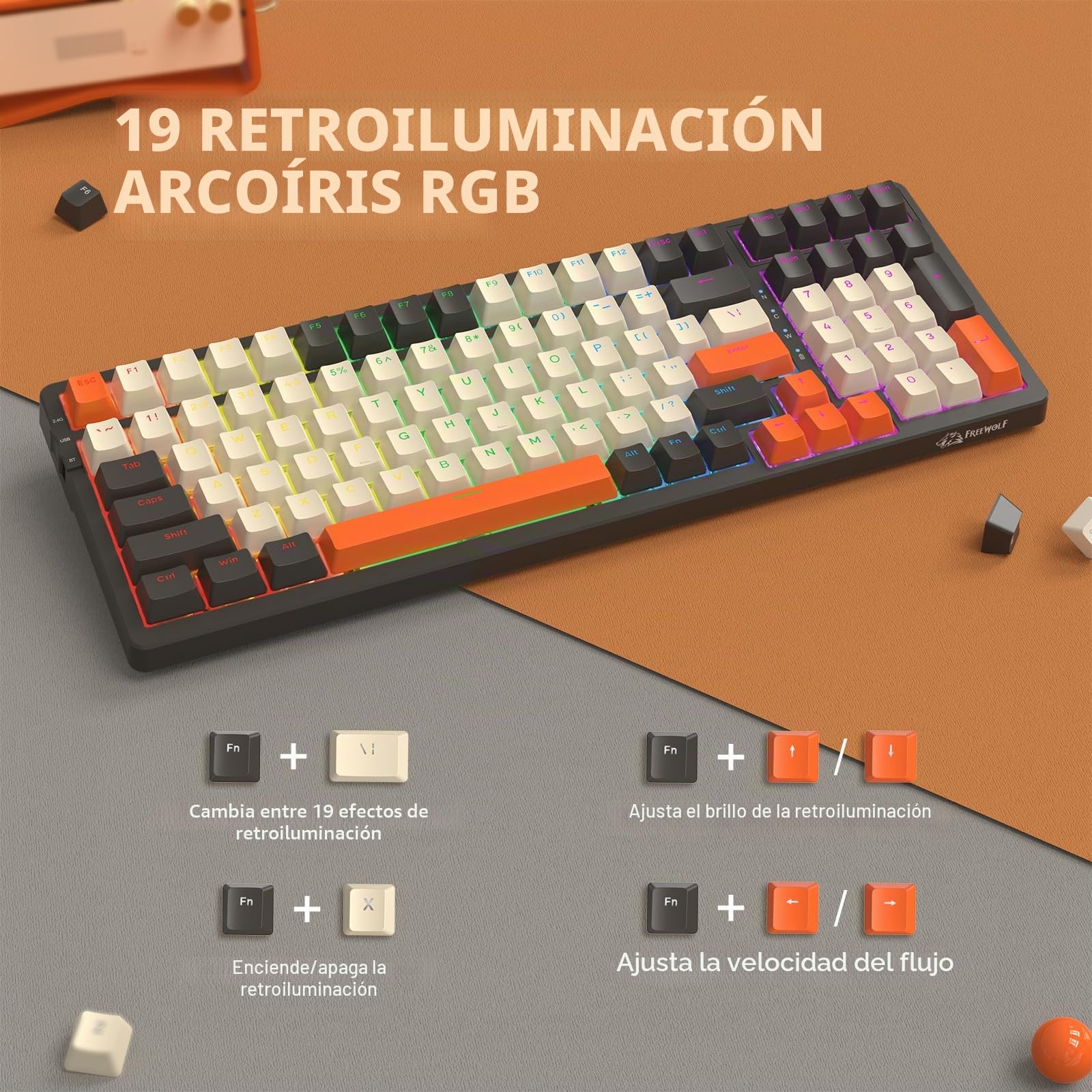 MAMBASNAKE × FREEWOLF K8 Teclado mecánico Colorido de 3-Modo, QWERTY Layout Bluetooth/2.4G, Teclado para Juegos 19RGB, Interruptor Azul de Intercambio en Caliente para PC Mac -Shimmer