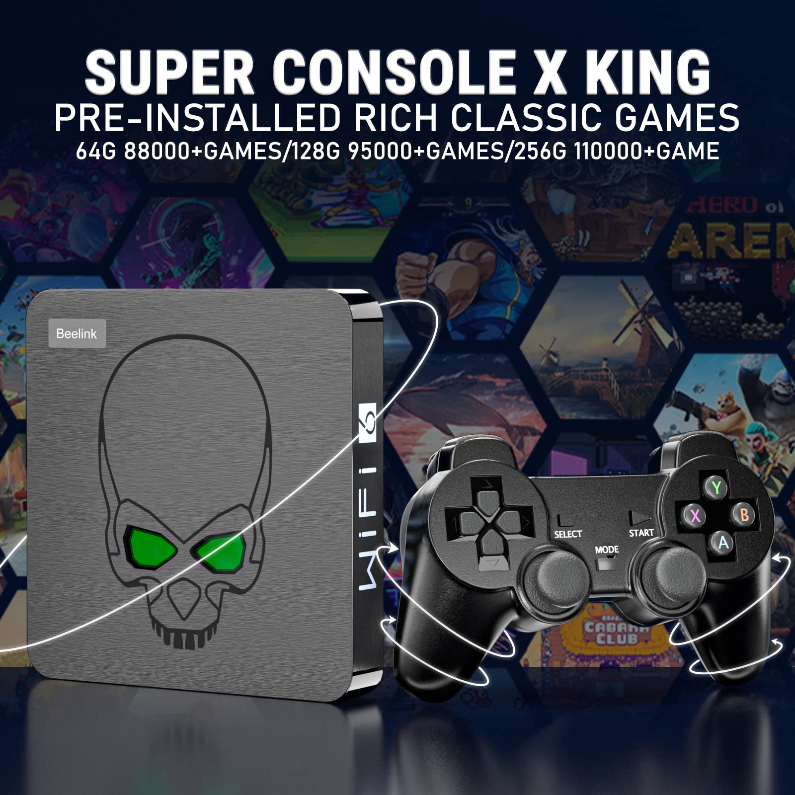Console di gioco retrò Super Console x King Oltre 95.000 giochi integrati, console per videogiochi plug-play per TV, chip S922X, supporto uscita 4K HD, 2 controller wireless, regalo per amici/famiglia