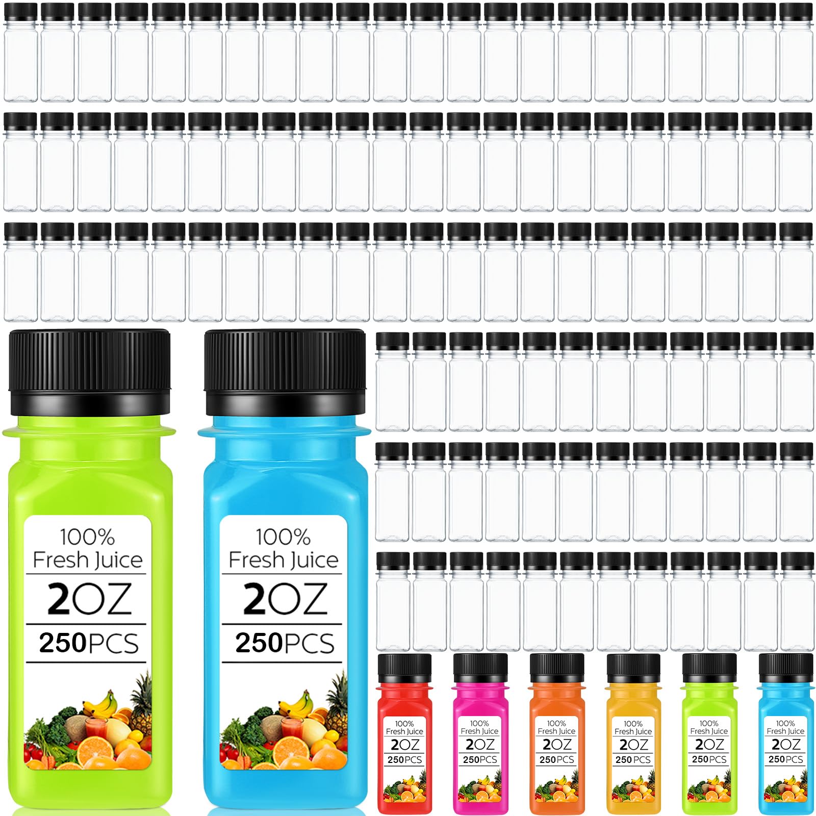 Sliner 250 botellas de jugo de plástico de 2 onzas a granel con tapas, pequeñas botellas de plástico transparentes para exprimir vasos de jengibre con tapas, mini tarros de refrigerador, reutilizables