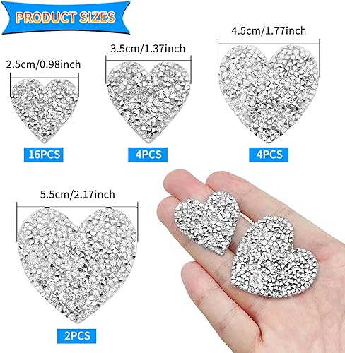 Miniatura 2 de 26 parches para planchar en forma de corazón, parches de diamantes de imitación, apliques adhesivos plateados, pegamento caliente, corazones de