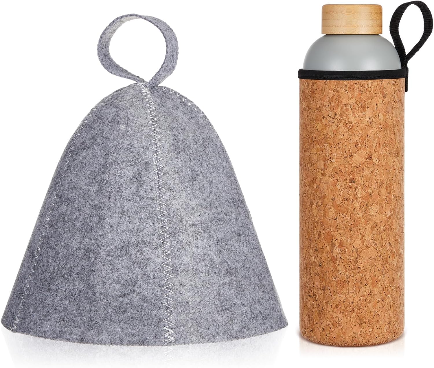 2 Pcs Sauna Hat and Sauna Water Bottle Kit, 34oz Cool to Touch Saunas Water Bottle Stainless Steel with Cork and Bamboo Lid, Banya Cap for Men Women Hot Room Bath House Accessories(Gray)