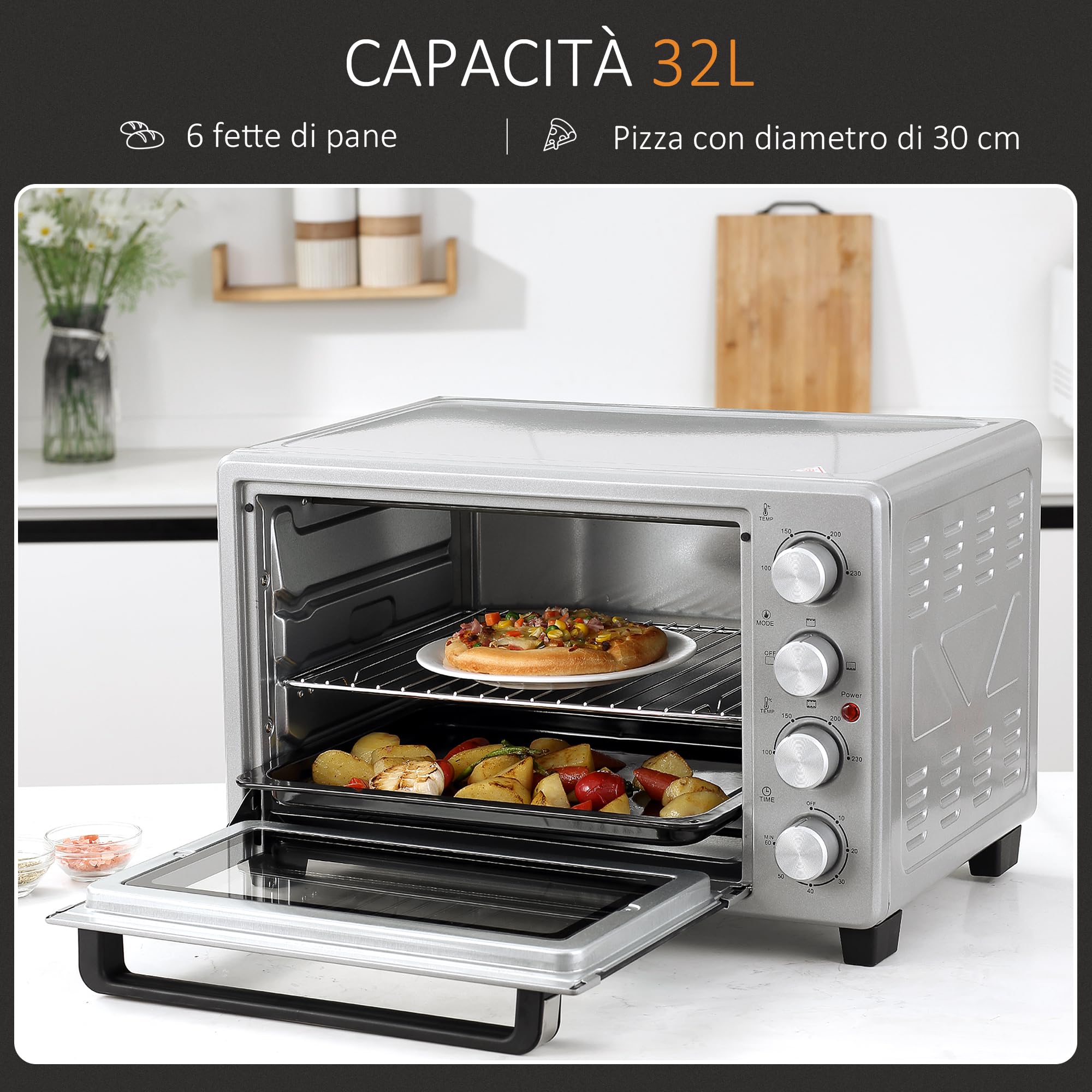 HOMCOM Fornetto Elettrico 32L 1600W con Timer, 52.2x38.1x33.5cm, Argento