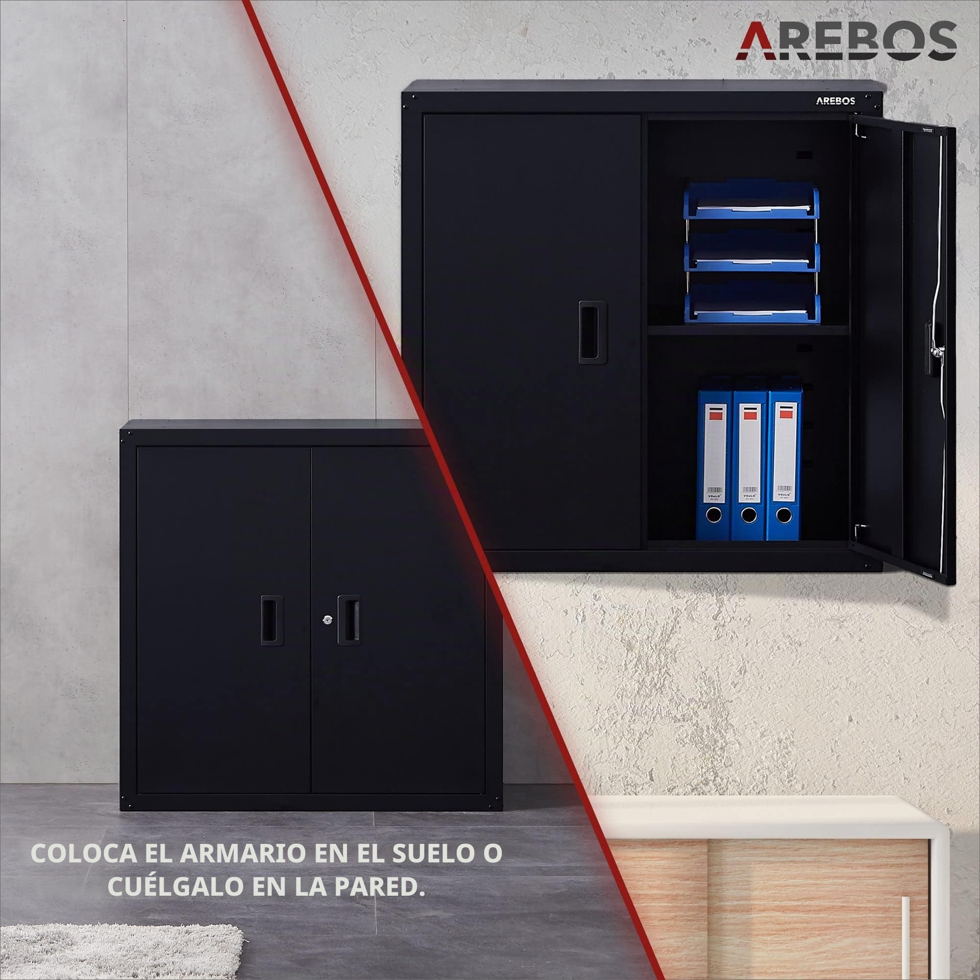Arebos Armario de Oficina y Almacenamiento | 4 Estantes de Altura Ajustable | 90x90x40 cm | Negro