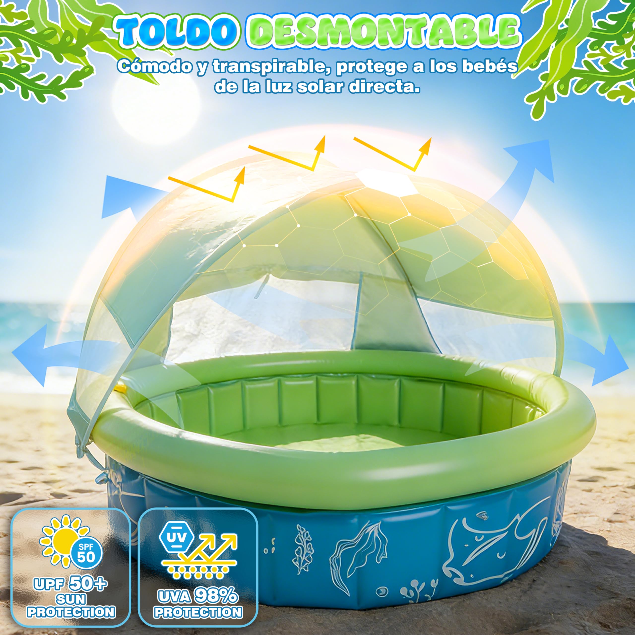 Piscina Pop-up 4 En 1 Para Bebés – Con Chorros De Agua, Techo UV Y Mosquitera, 120x30 Cm