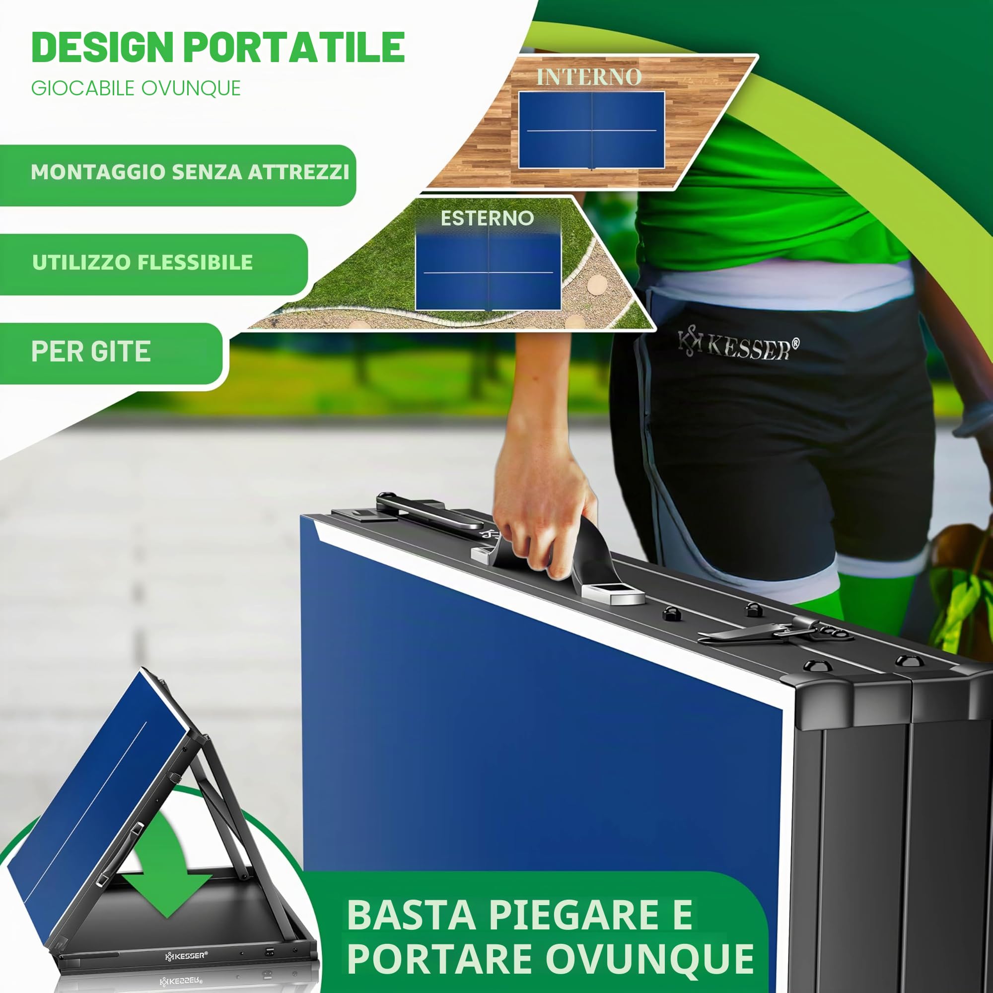 KESSER Mini tavolo da ping pong per esterni, con set di racchette da ping pong, palline da ping pong e rete T, resistente alle intemperie, laminato, pieghevole, per viaggi, design a valigia, 153 x