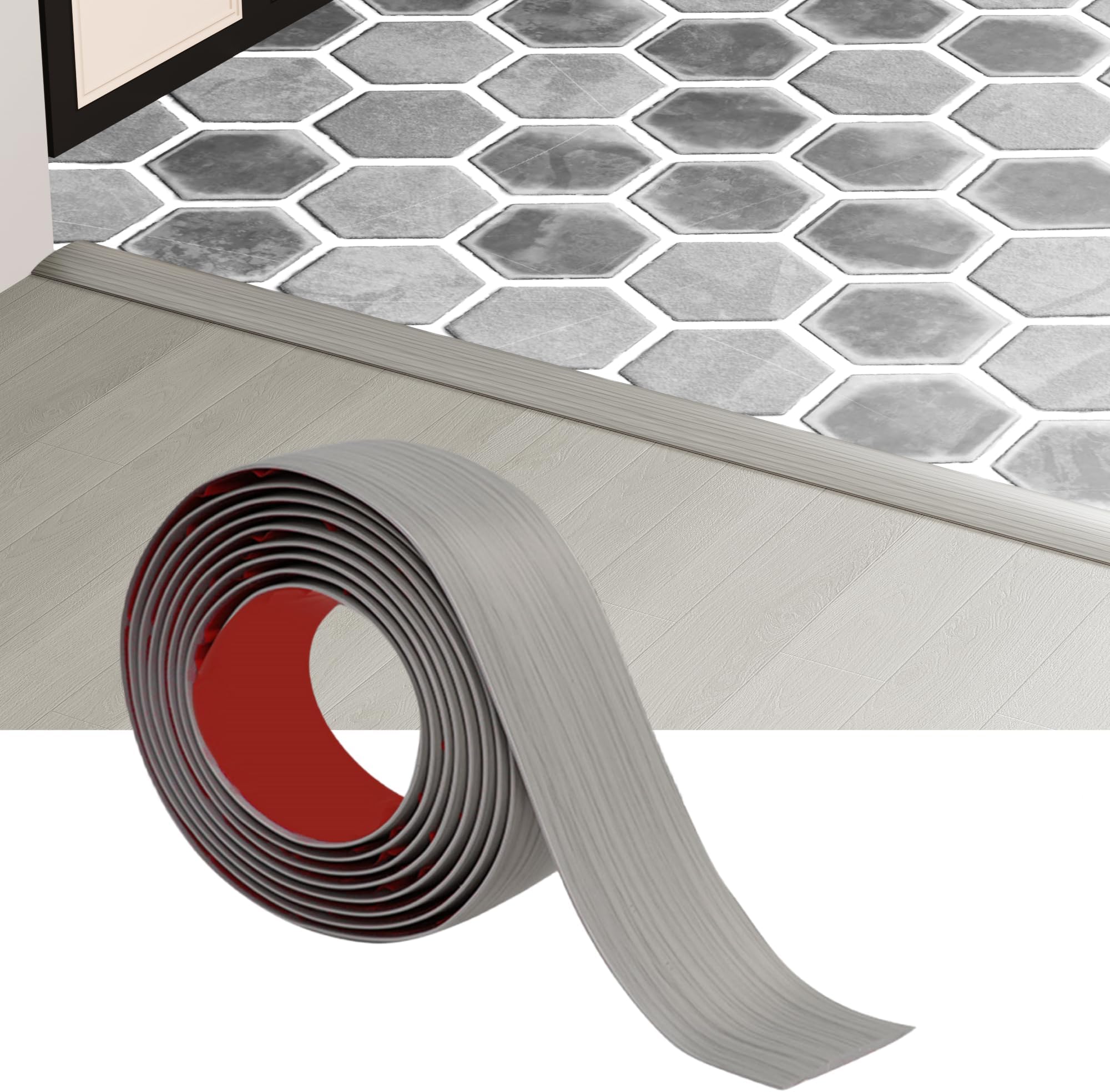 Floor Transition Strip - Self-Adhesive PVC Trim for Carpet to Flooring, Threshold Gap Cover (10ft x 1.97in, Beige Grey)