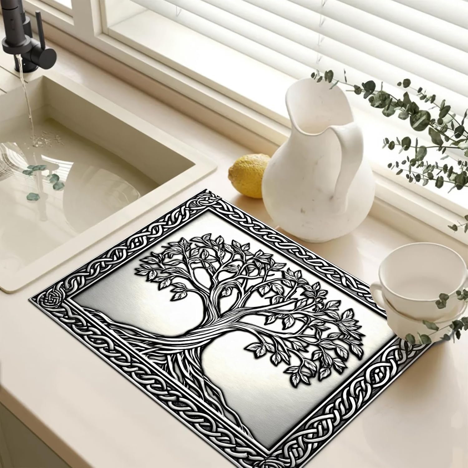 HOMETITUTE Tree of Life Stove Top Cover for Electric Stove Silver Embossed Celtic Design Dish Drying Mat 28x20 Inch Decorative Kitchen Protector Fit Under Coffee Maker