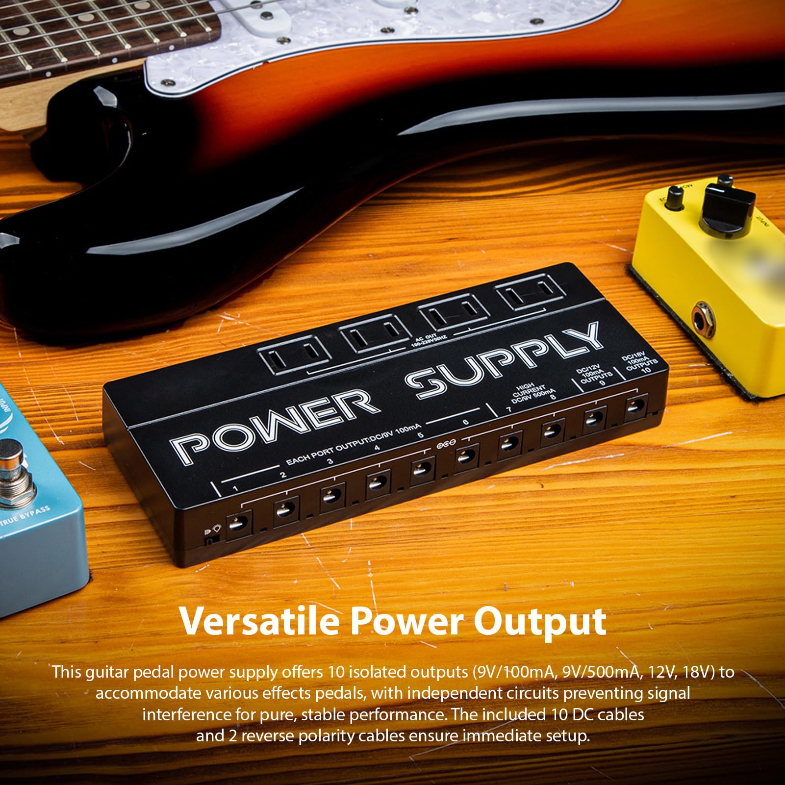 Fafeicy Gitarrenversorgung, 10 Isolierte Ausgänge mit Rauschunterdrückung, 9 V, 12 V, 18, für Gitarre, Bass, Effektpedal, Aluminiumgehäuse (EU-Stecker)