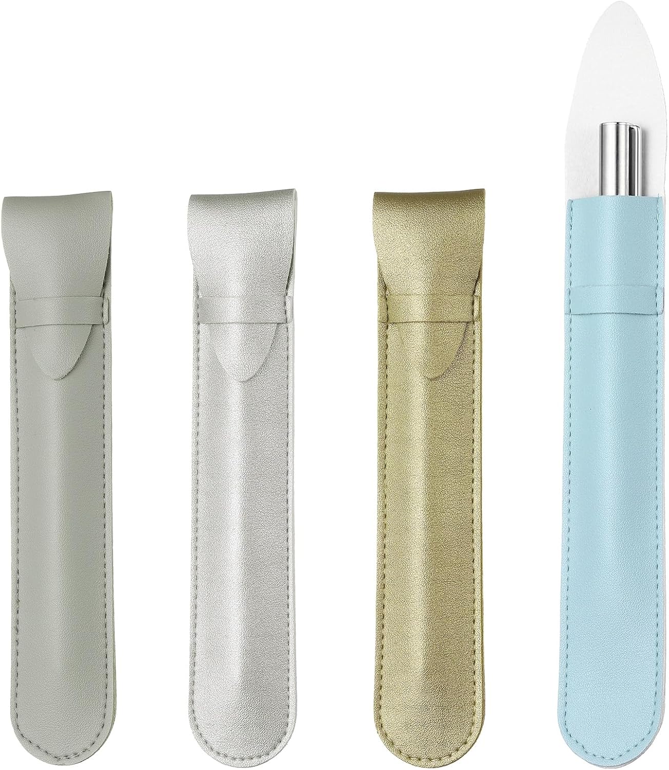 PATIKIL 4Pcs Leather Pen Pouch Sleeve, Leather Fountain Pen Holder Case Protective Cover for Storing Ball Points Pencils Fountain Office Business Gifts, Silver/Gold/Gray/Light Blue