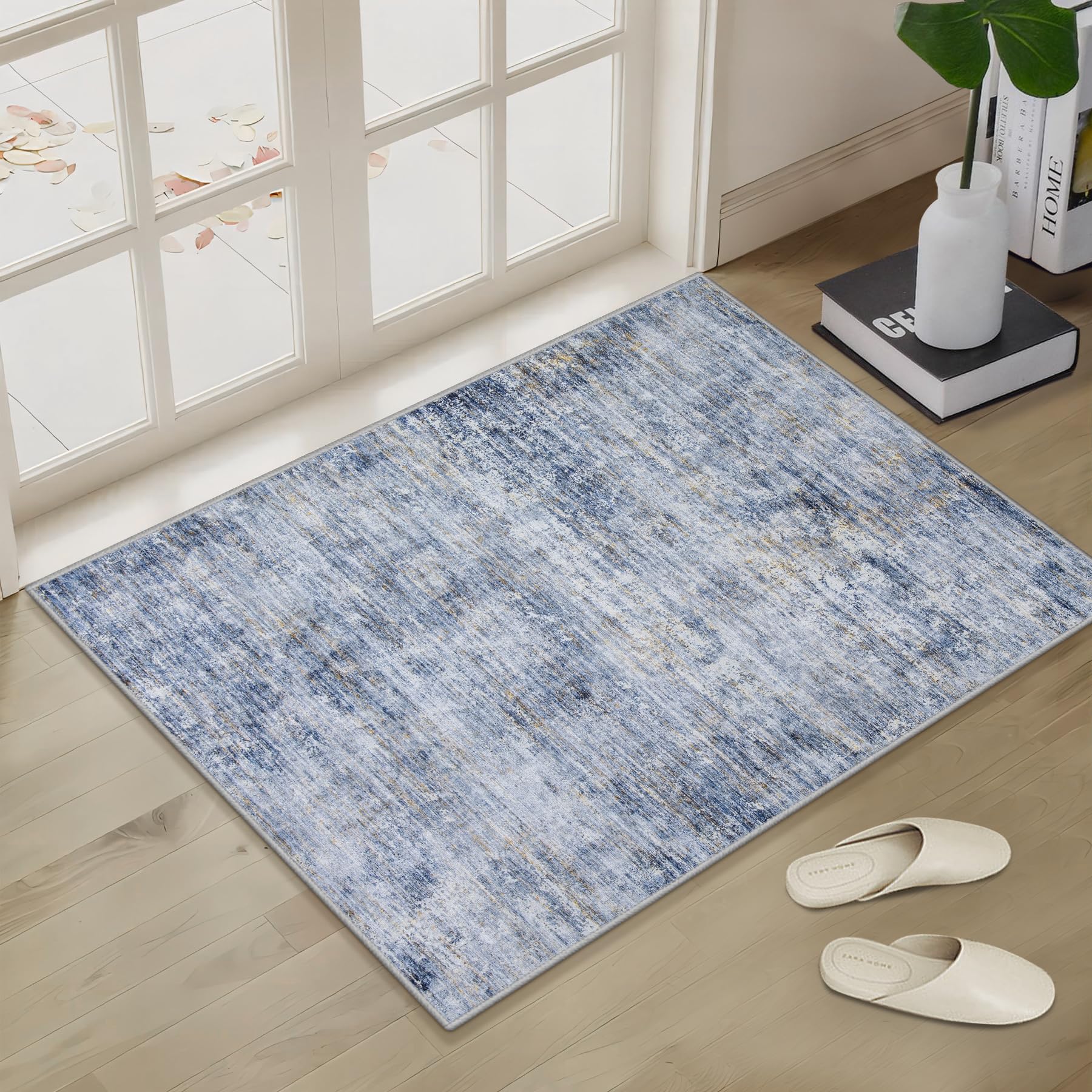 Area Rug 2x3 Washable Rug: Modern Abstract Living Room Rugs with Non-Slip Backing, Non-Shedding, Stain Resistant Soft Thin Carpet for Dining Room Table Bedroom Nursery Indoor Home Office-Blue