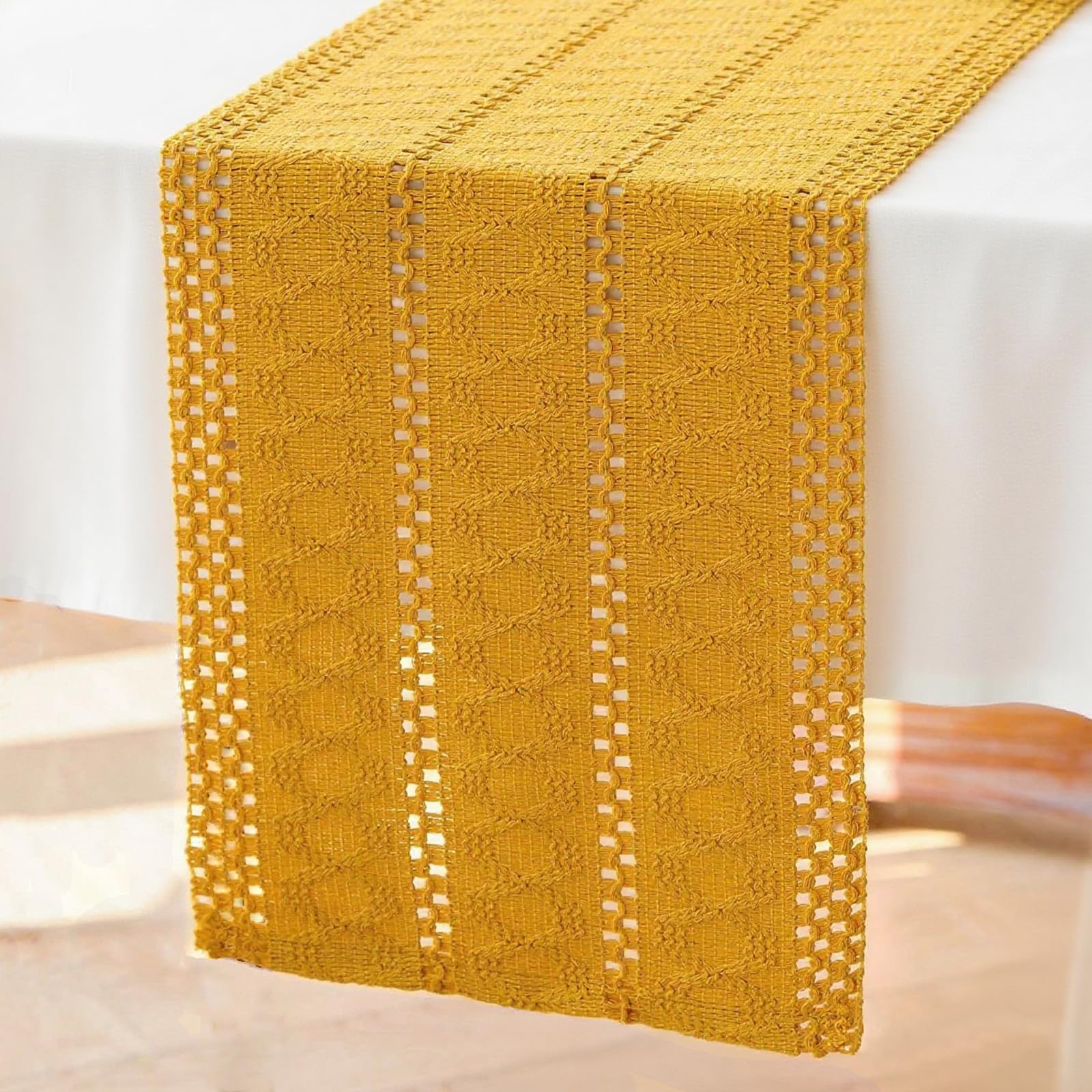 Brylleii Table Runner Crochet Natural Yellow Boho Macrame Decorative Table Runner Modern 30 x 240 cm Cotton Linen Country House Style Tablecloth Washable Table Runner Slim for Wedding Kitchen Tabletop