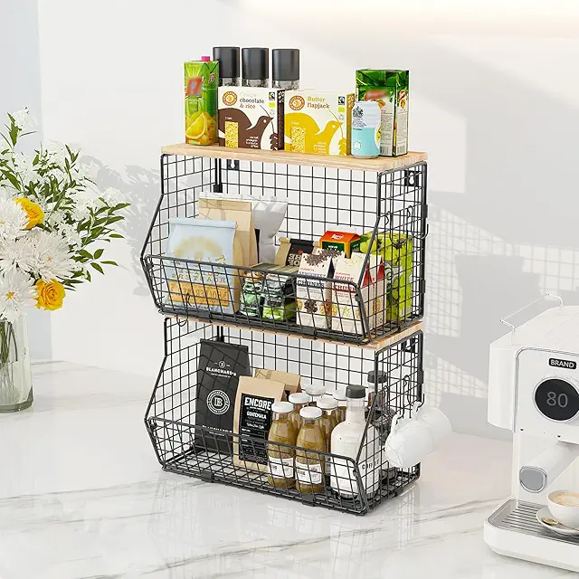 WELDUN Pack 2 Metal Fruit Baskets, Kitchen Storage with Banana Hanger - Kitchen Basket