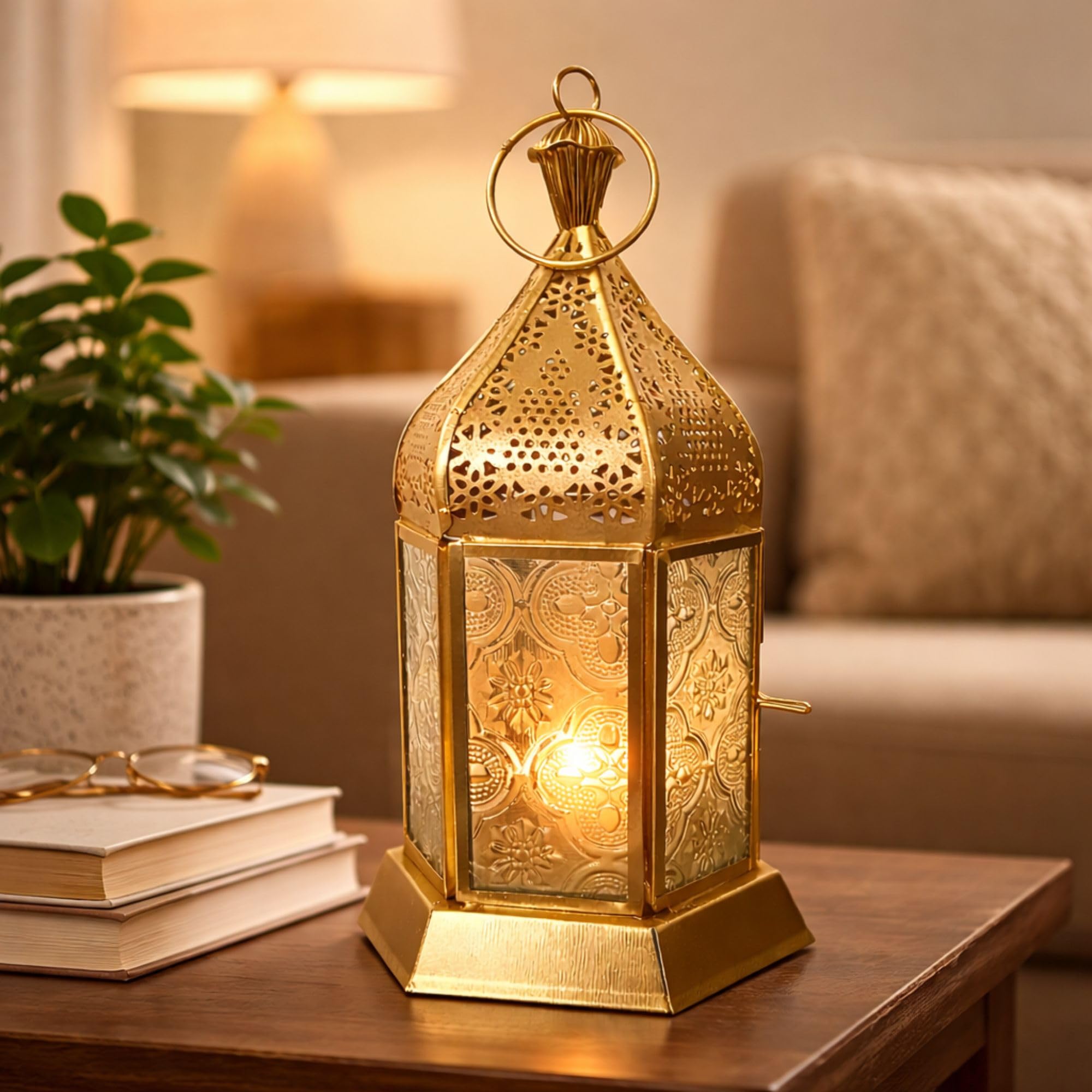 Golden Metal Lantern Candle Holder for Home Decor | Festive Decor, Moroccan Style, Embossed Glass Panels, Hanging Ring Top, Tabletop Display-image-4