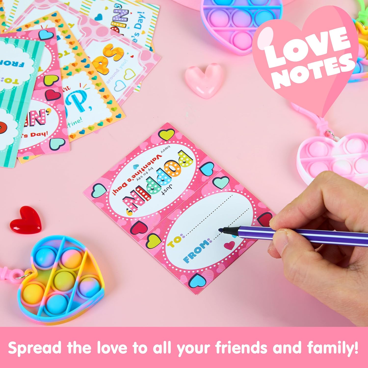 JOYIN 30 Packs Valentine's Day Gift Cards with Pop Fidget Keychain Toys, Stress Anxiety Relief Fidget Toy with Card for Kids Valentine Classroom Exchange Prizes, Valentine's Day Party Favor