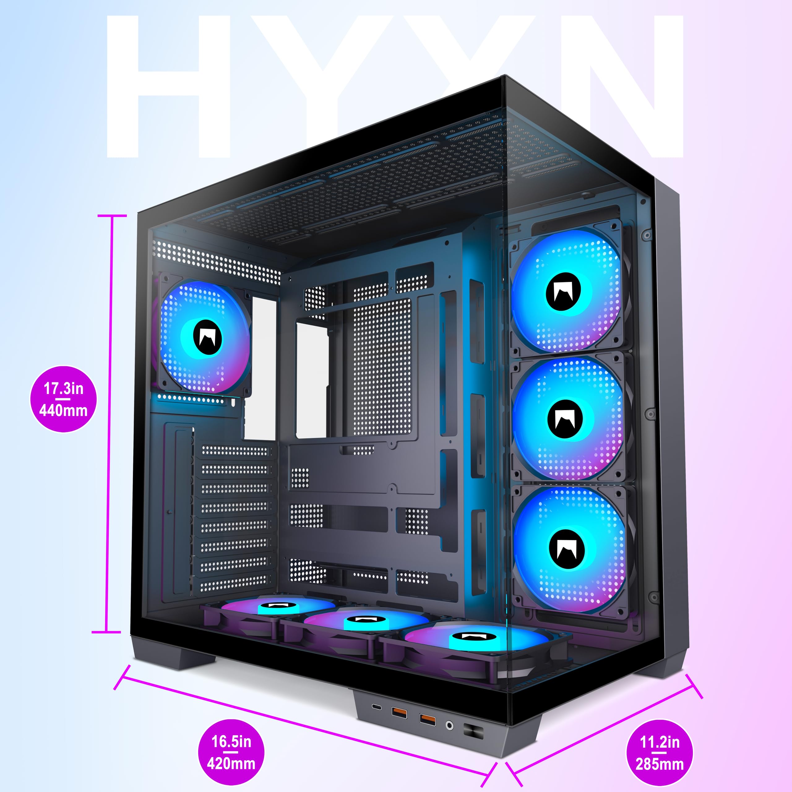 H1 ATX PC Case-Pre-Installed 7 PWM ARGB Fans, Dual Chamber Mid-Tower Gaming PC Case, with Type-C, Simultaneous Installation of 3x 360mm Radiators, Black (Black, H1) — view 8