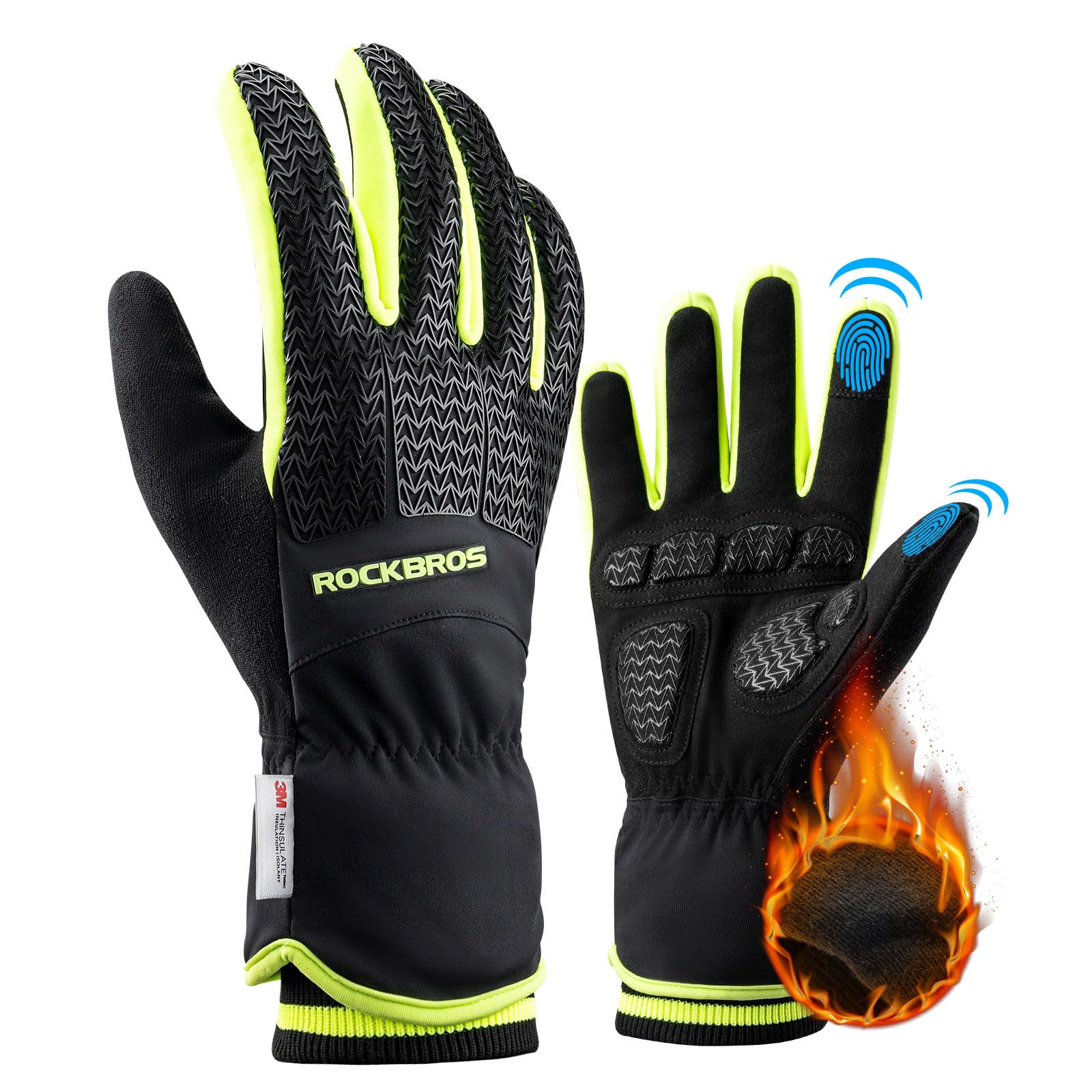 ROCKBROS Guanti Invernali Termici Thinsulate, Guanti da Ciclismo Sci Corsa Uomo Donna, Touch Screen, Antivento Caldo, Palmo Antiscivolo, Nero Verde