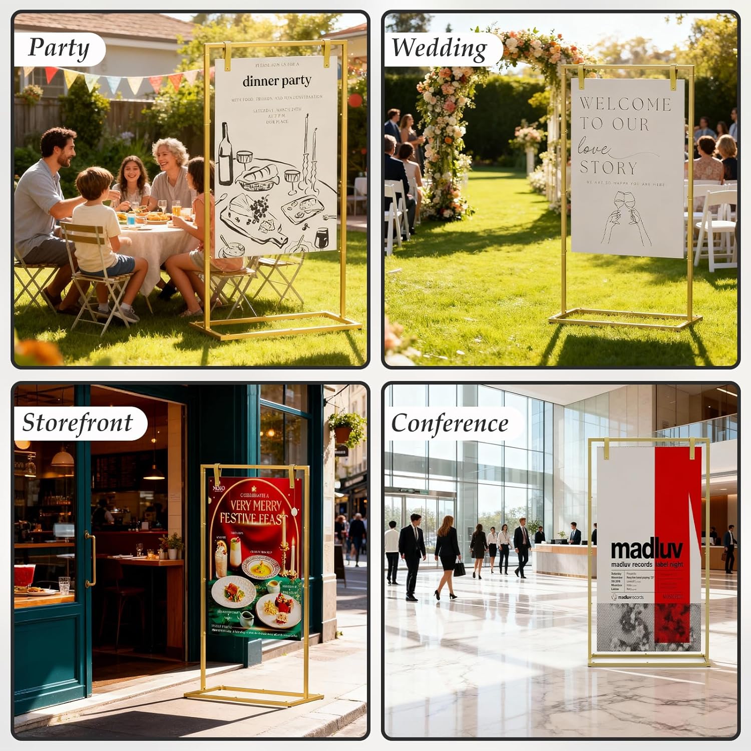 Wedding Sign Stand, Adjustable Wedding Welcome Sign Stand with Carry Bag, Leather Hanging Straps, 8 Floor Pads - Gold Easel Stand for Seating Charts & Wedding Decor