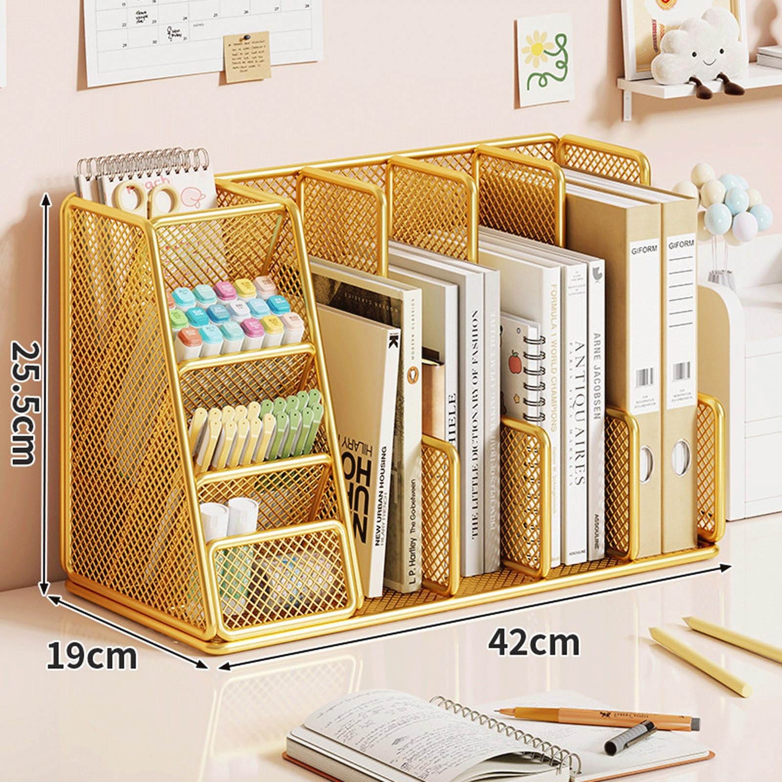 Organizer Scrivania, Portapenne a Rete in Metallo, Portariviste Organizzatore da Tavolo, Porta Penne per Ufficio a Casa(Gold,42x19x25.5cm)