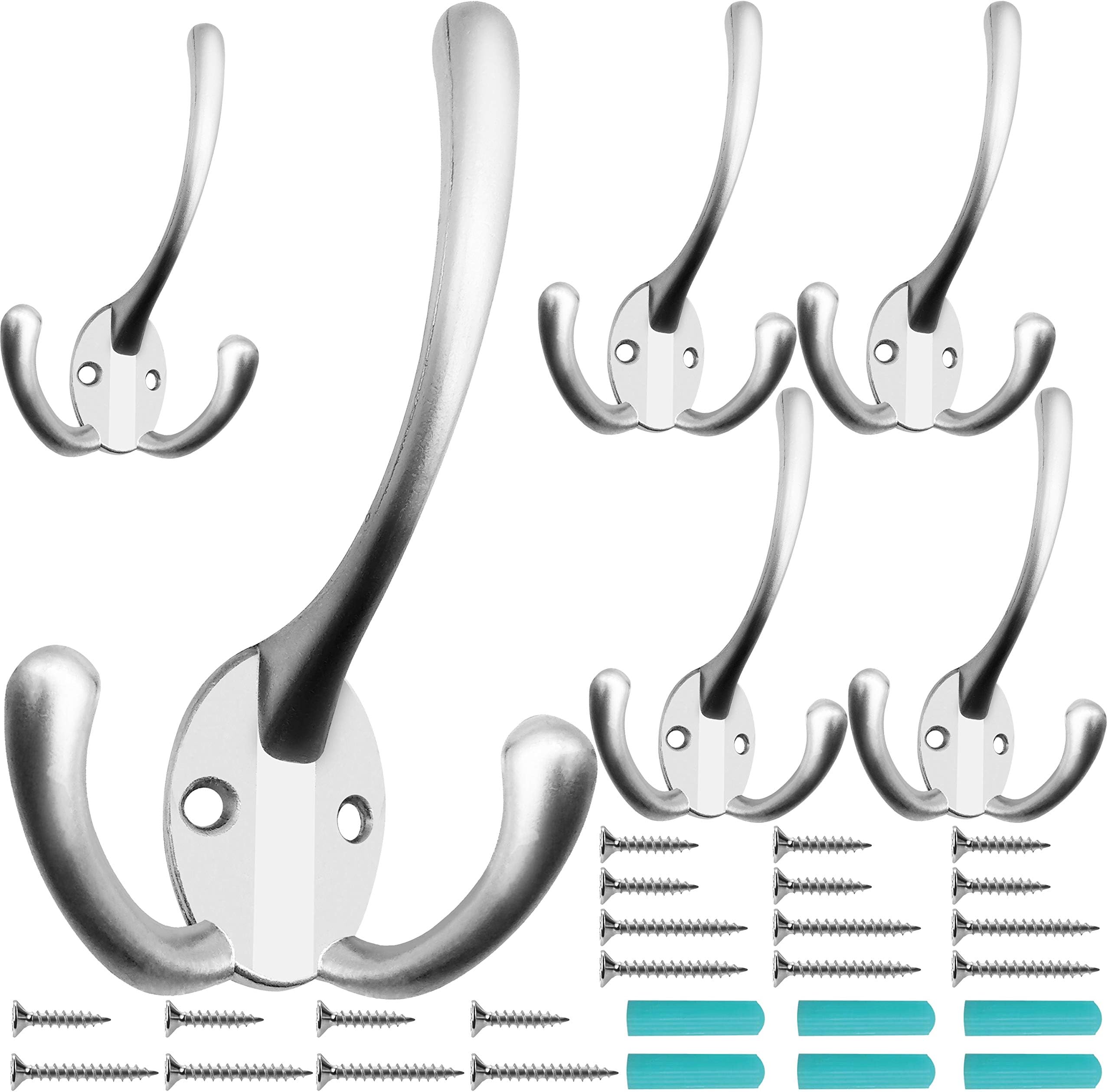 6 Pack Big Heavy Duty Three Prongs Coat Hooks Wall Mounted with 24 Screws (Two Types of Screws Included) Retro Double Utility Rustic Hooks for Thick Coat, Big Heavy Bags (Matte Nickel)