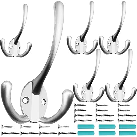 6 Pack Big Heavy Duty Three Prongs Coat Hooks Wall Mounted With 24 Screws (Two Types Of Screws - View #9