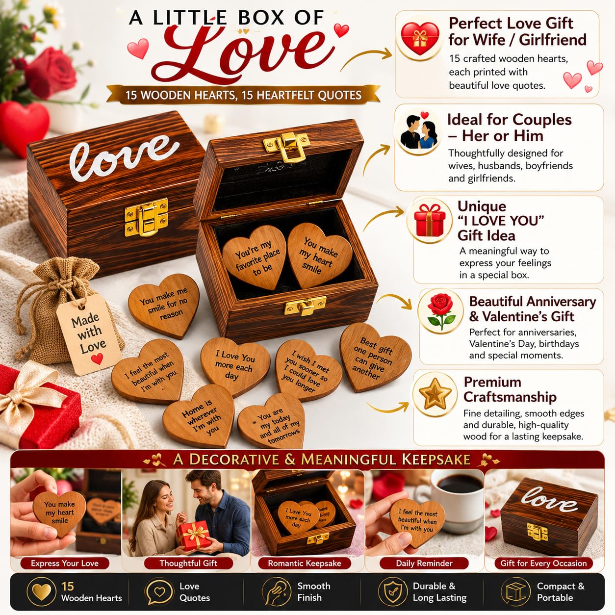Artistic India Artistic (Tm - I Love You Gift Of 15 Hearts With Beautiful Love Quotes Printed On Wooden Hearts, Unique Way To Say I Love You, For Wife/Girl Friend/Husband/Boy Friend